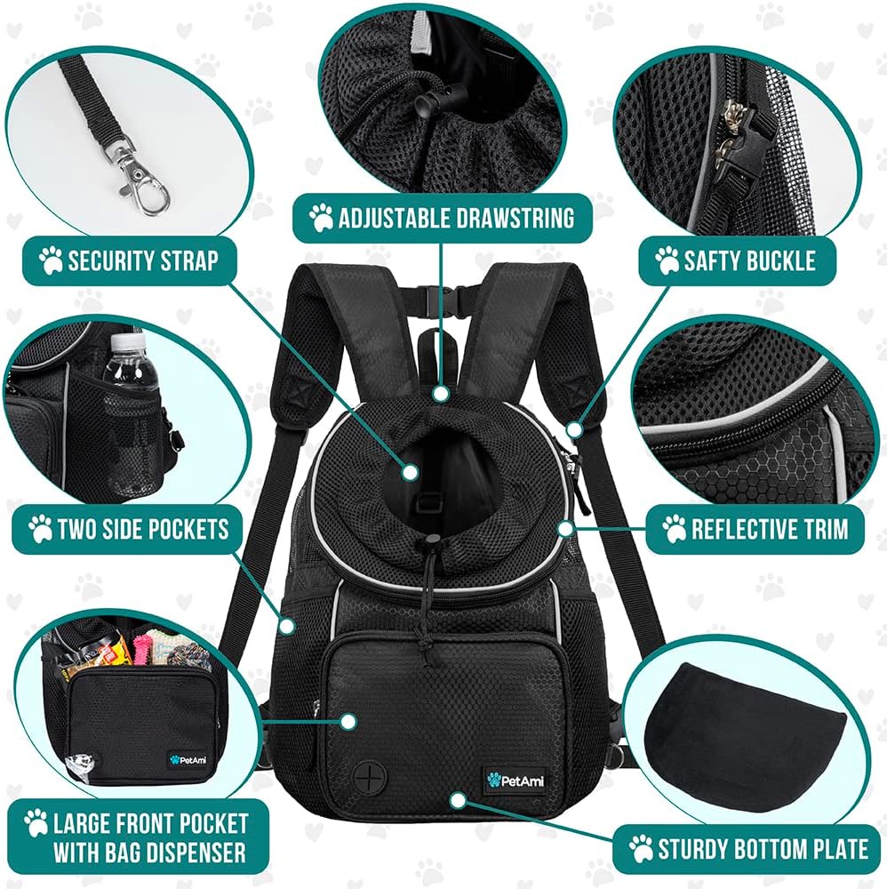PetAmi Mochila transportadora frontal para perro, mochila ajustable para perros y gatos, transportadora ventilada para senderismo, camping, viajes,