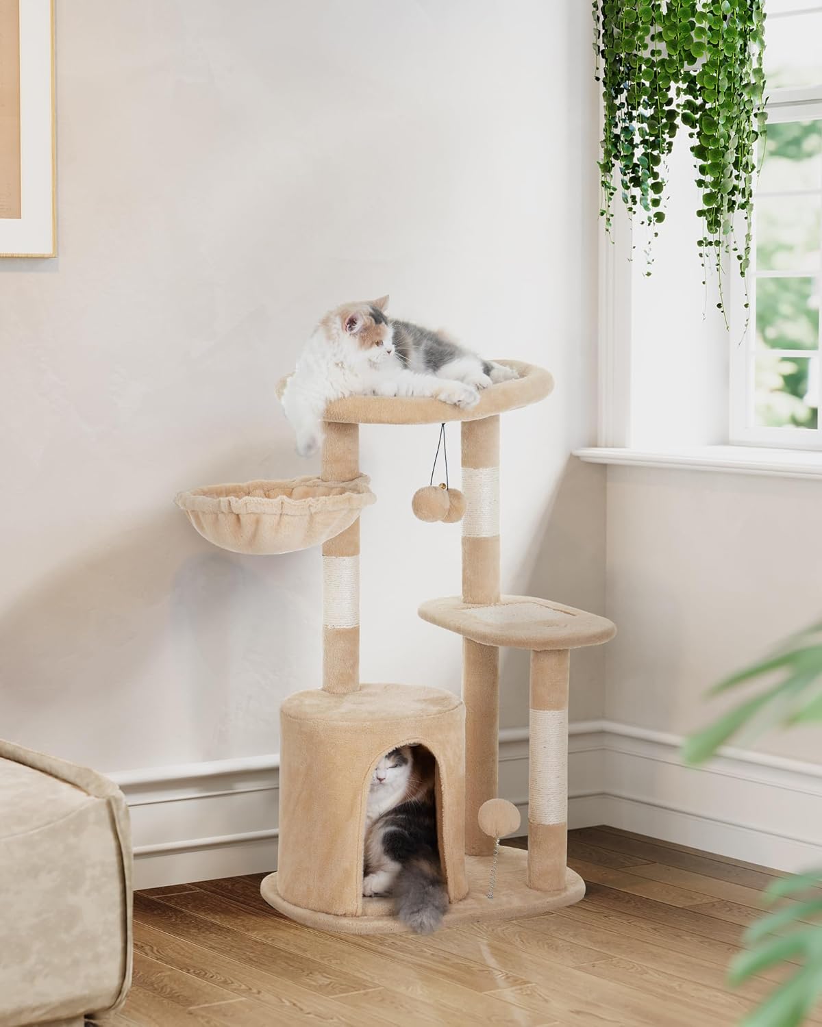 Aechonow Torre de árbol para gatos pequeños de interior con condominio y hamaca profunda, torre para gatos con poste rascador de sisal natural y