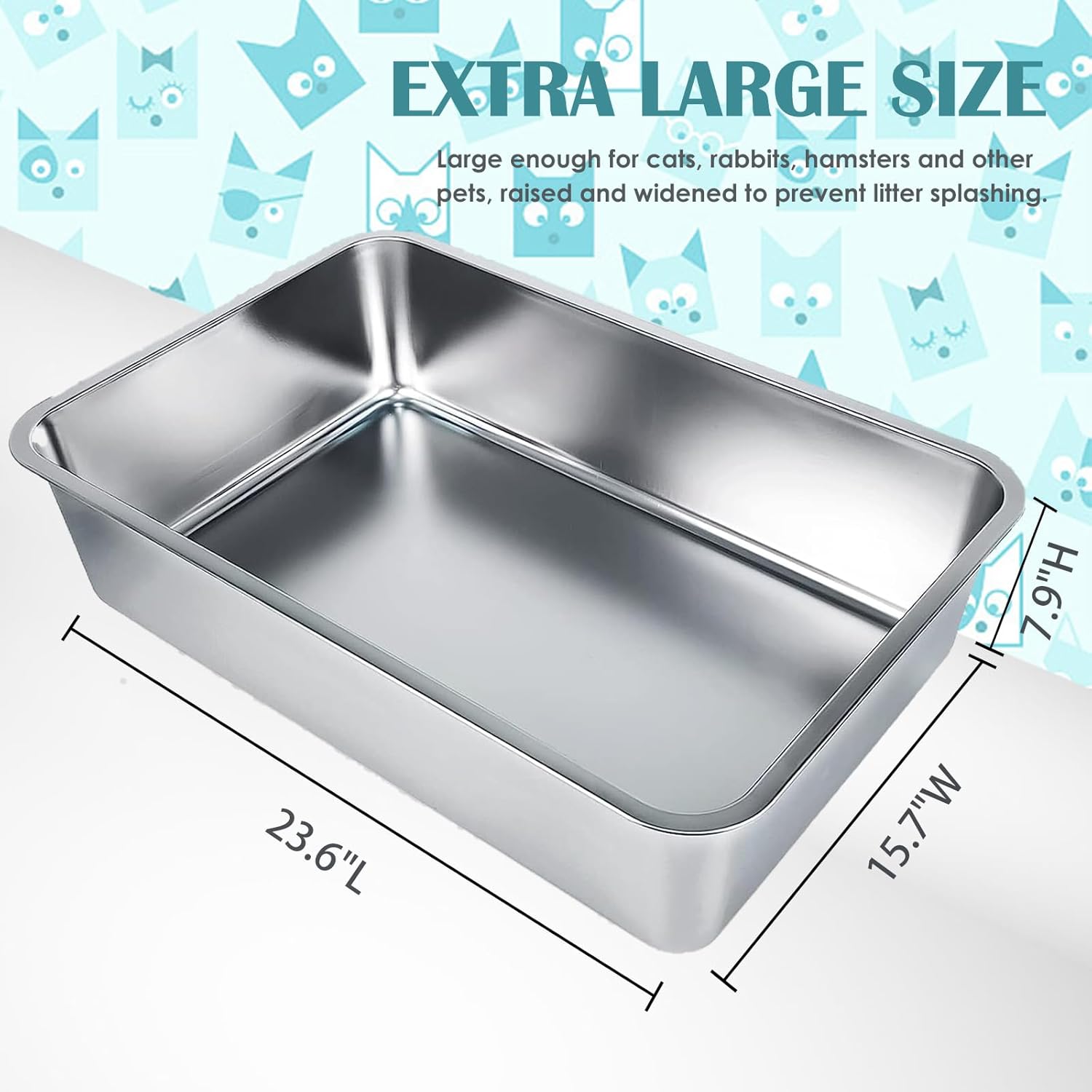 3 paquetes de arena para gatos de acero inoxidable para gatos grandes, lados extra altos y caja de arena de metal duradera para gatos de tamaño XL