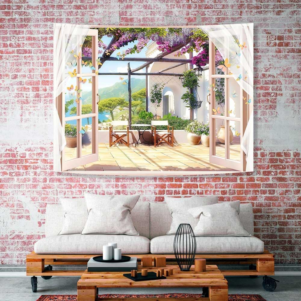 Ine Ive Tapiz de jardín de balcón con vistas al mar y montaña, tapiz de ventana de escena de 40 x 30 pulgadas, tapiz de pared de paisaje natural