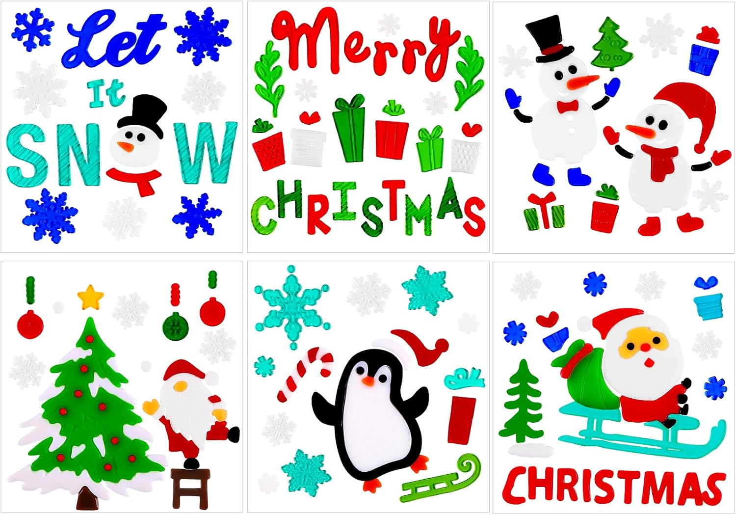 XIMISHOP 6pcs Christmas Gel Window Clings,Xmas Santa Claus Snowman Snowflake Penguin Window Clings Sticker for Christmas Window Decors