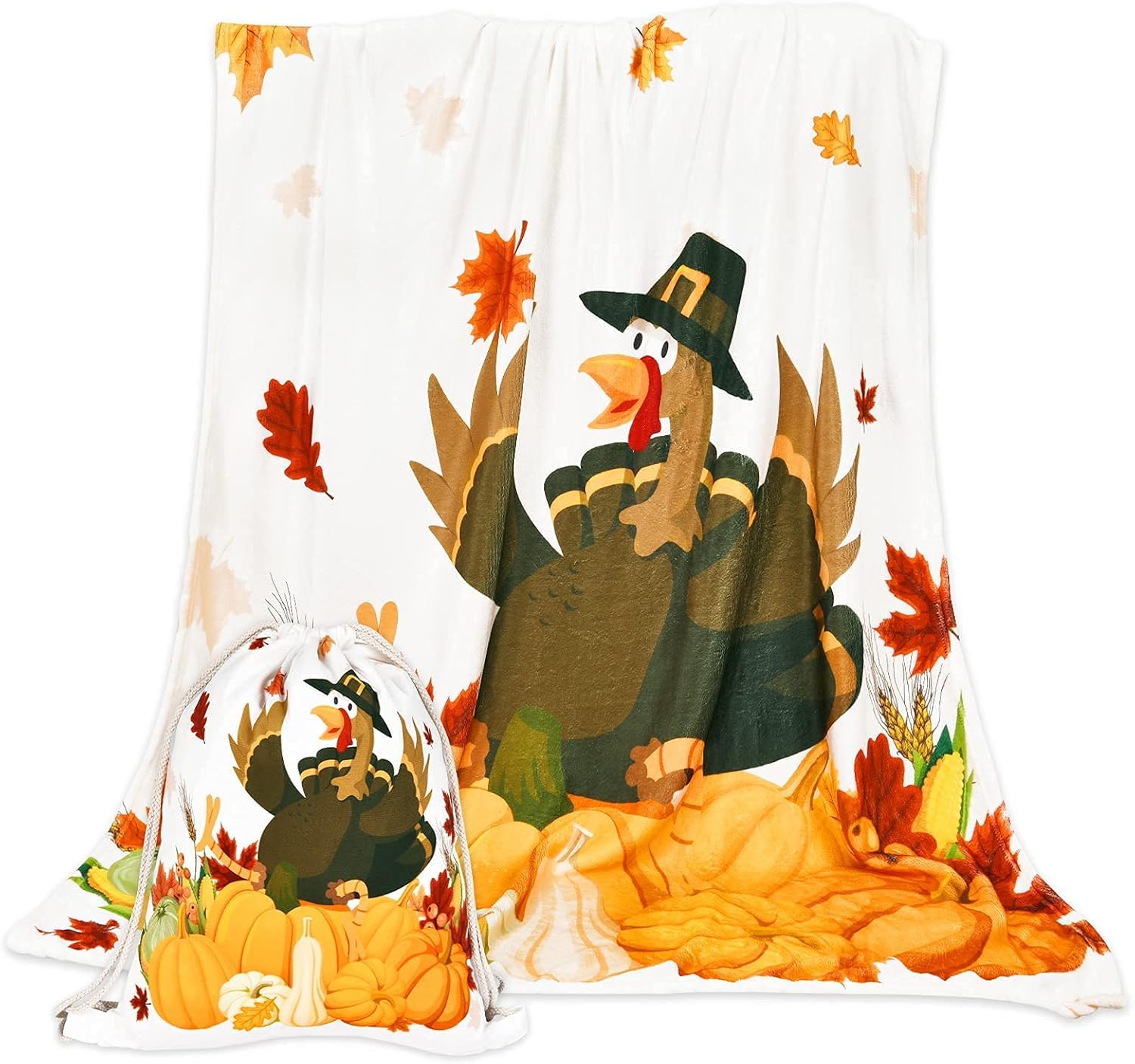 Manta de Acción de Gracias con bolsa de regalo, bonita manta de pavo de otoño para adultos, suave y cómoda manta de vellón de calabazas para sofá
