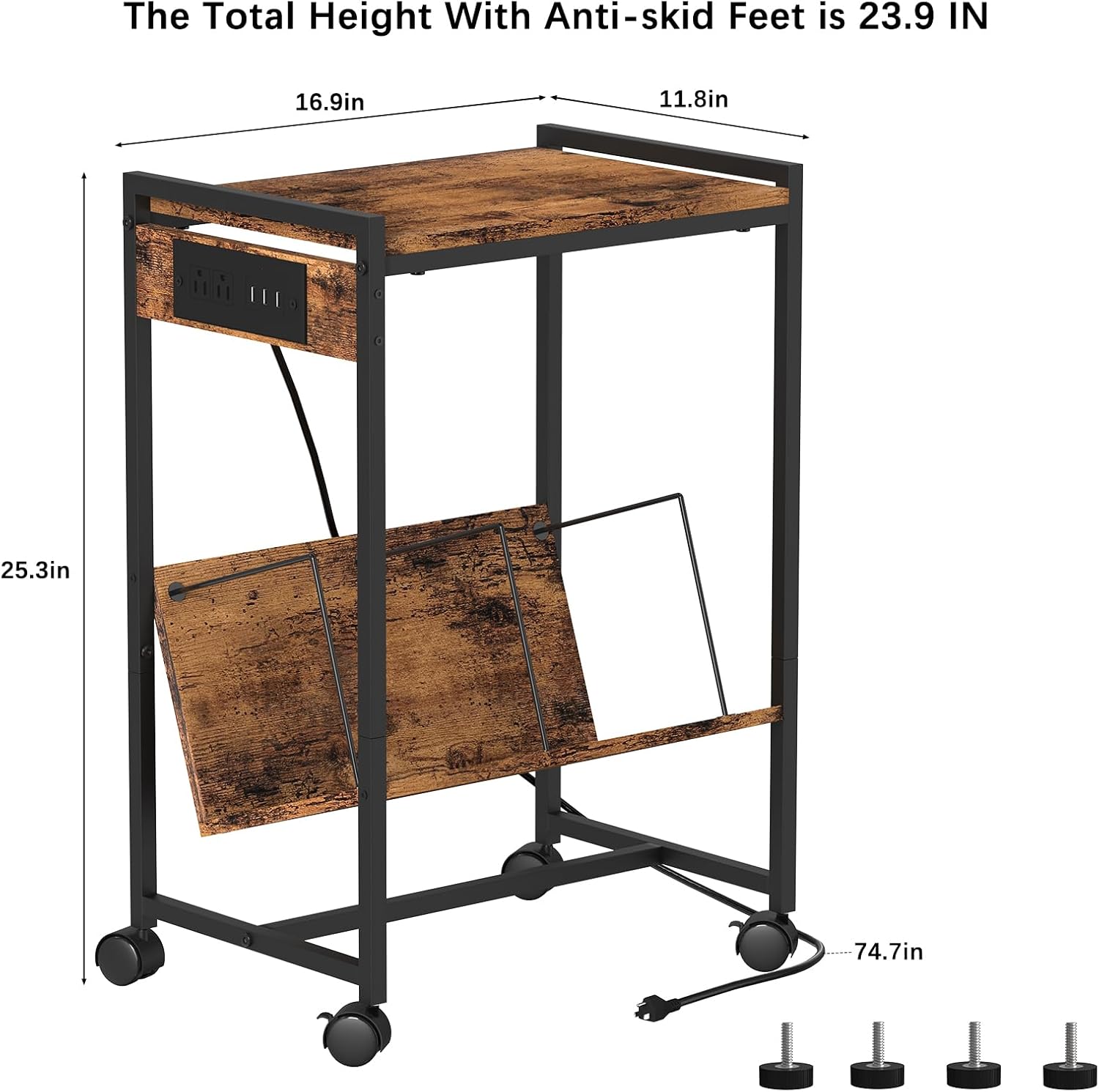CADUKE Soporte para tocadiscos de 2 niveles con almacenamiento para discos de vinilo con ruedas, mesita de noche industrial con estación de carga