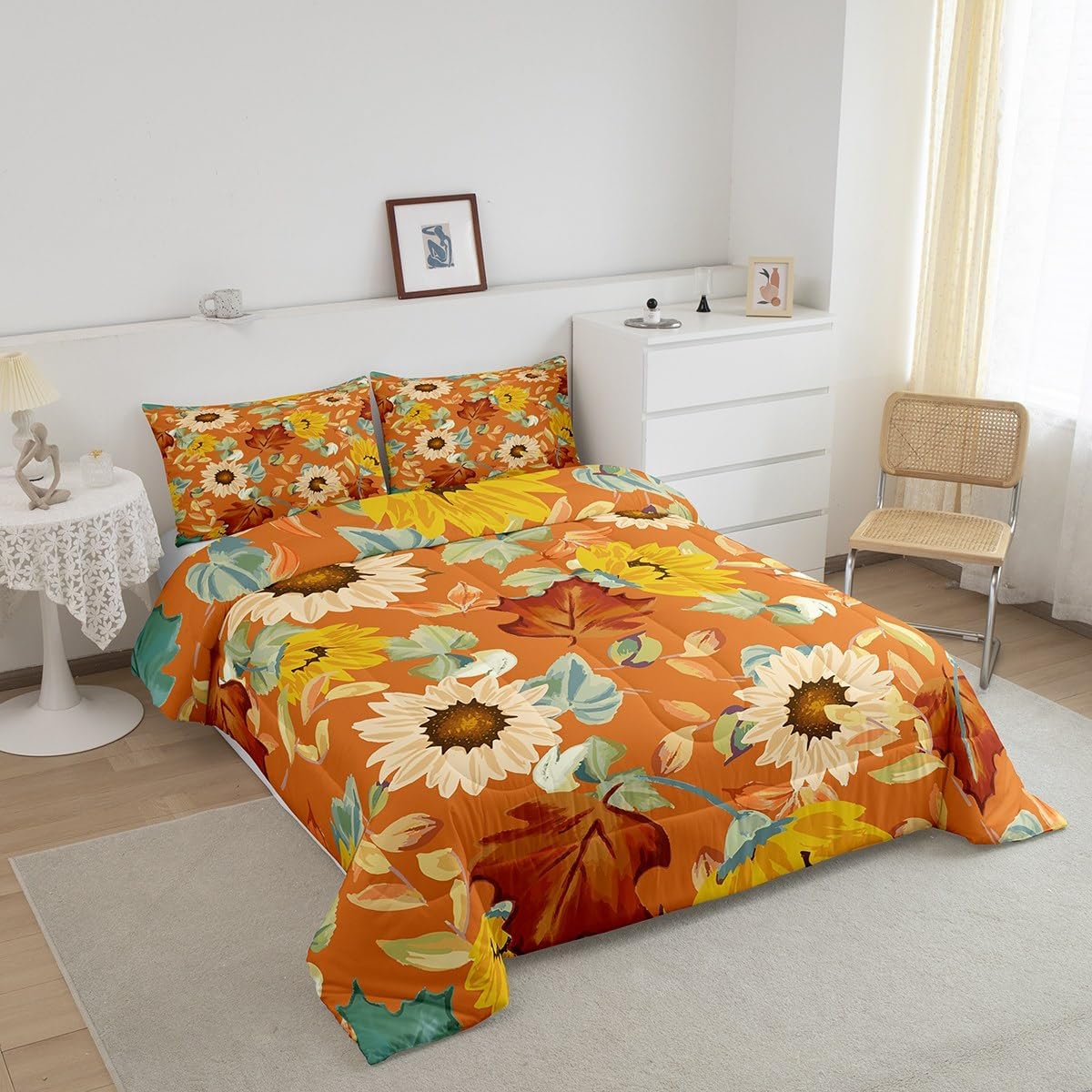 Erosebridal Juego de ropa de cama de otoño, tamaño Queen, color beige, girasol, amarillo, verde, marrón, naranja, juego de edredón de flores de