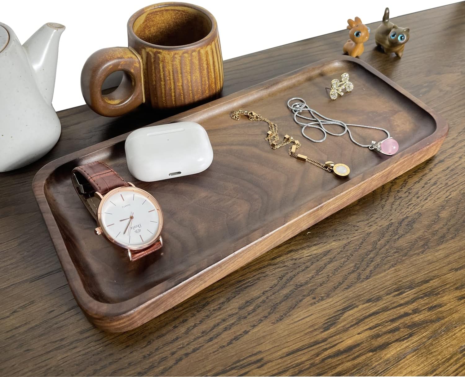 Muso Wood Bandeja de madera maciza para servir de nogal, bandeja pequeña rectangular para baño, bandeja de cena, bandeja de té, bandeja de café