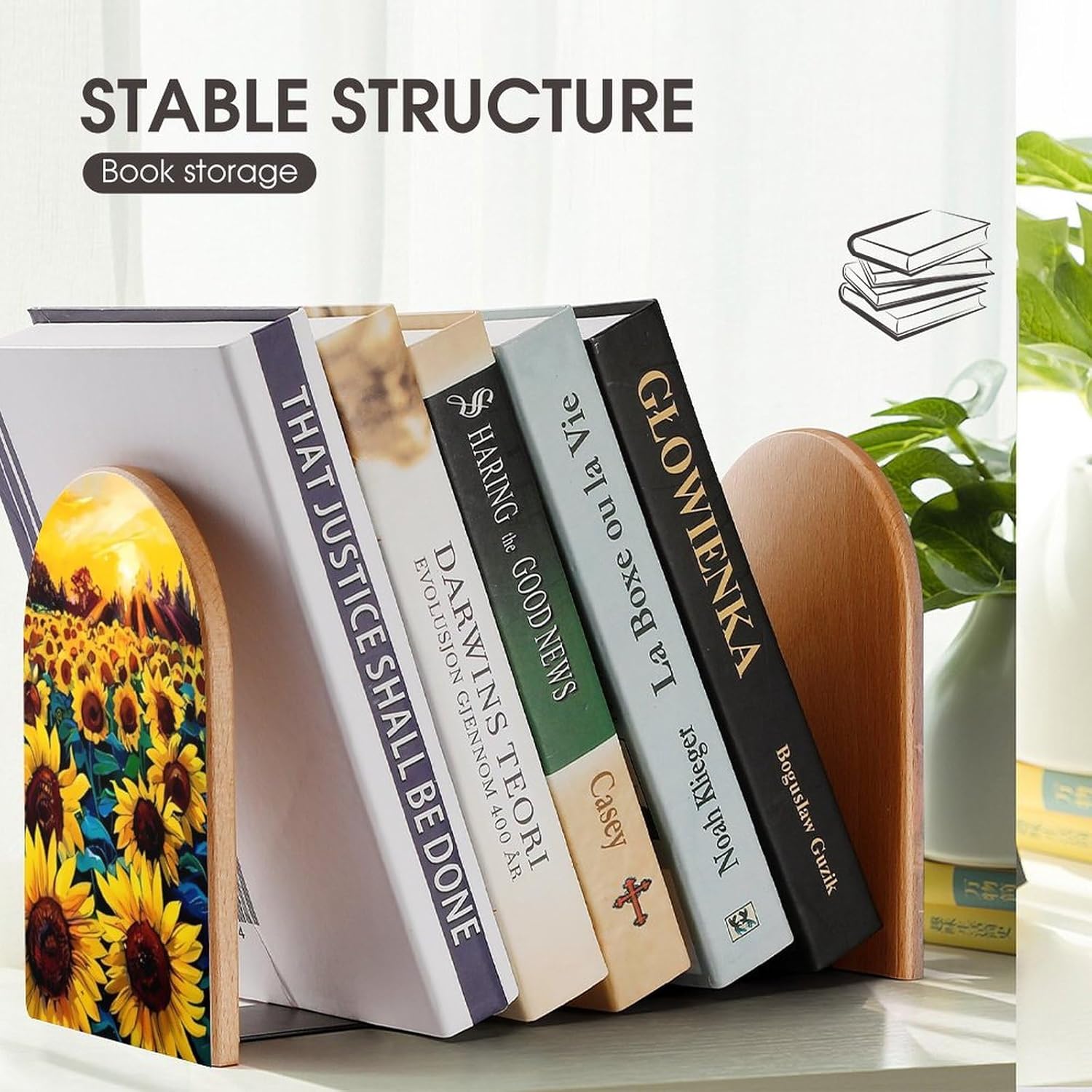 Sujetalibros de madera resistente para estantes de pintura al óleo de girasoles para estantes, antideslizantes, resistentes, decorativos, para el