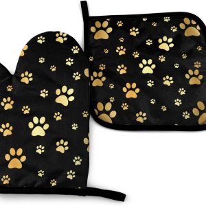 Juego de manoplas de horno y soportes para ollas de perro dorados, resistentes al calor, huellas doradas, guantes de cocina decorativos, guantes de Juego de manoplas de horno y soportes para ollas de perro dorados, resistentes al calor, huellas doradas, guantes de cocina decorativos, guantes de