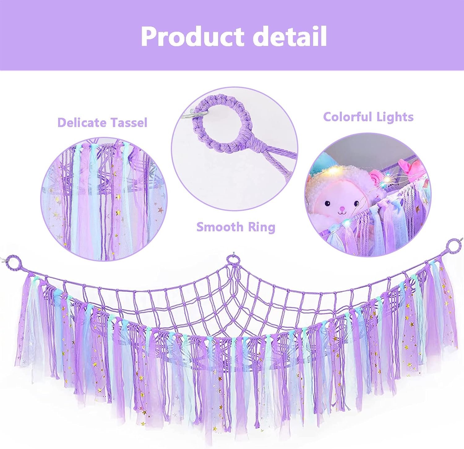 Red de animales de peluche o hamaca con borlas, red de almacenamiento LED para animales de peluche y hamaca de juguete de felpa, hecha a mano,