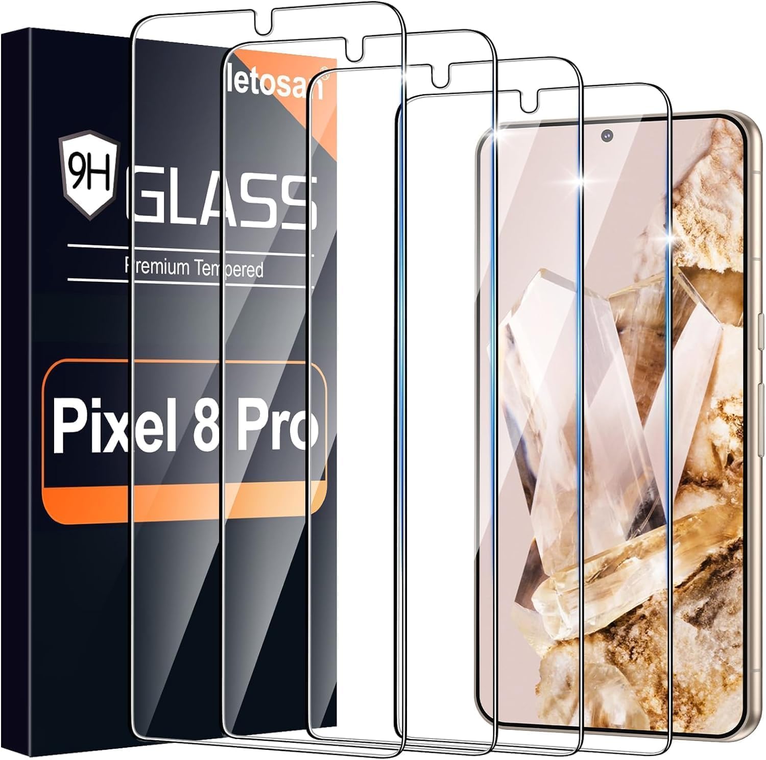 letosan Paquete de 4 protectores de pantalla de vidrio templado para Google Pixel 8 Pro 5G, dureza 9H, desbloqueo ultrasónico de huellas dactilares,