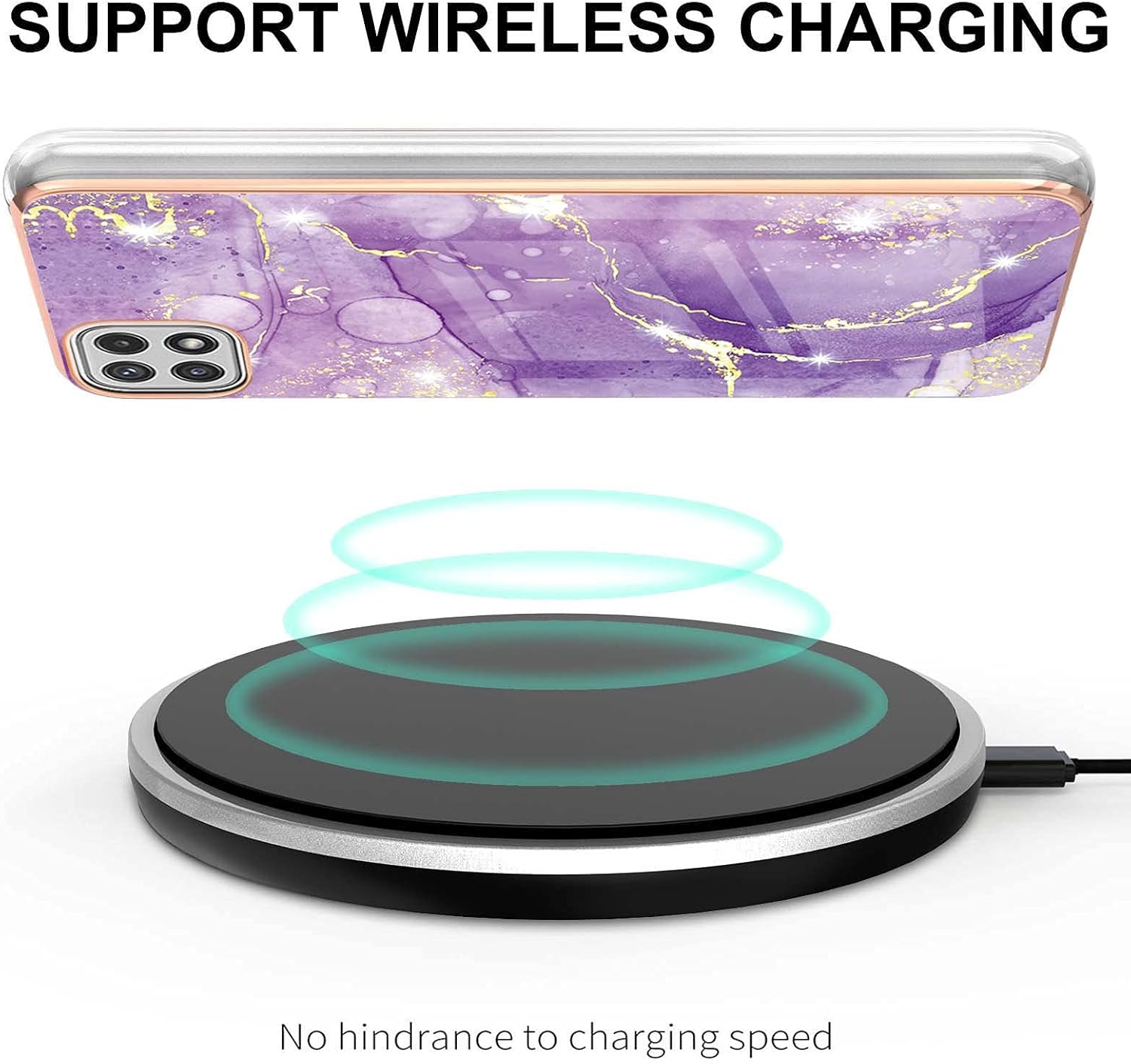 Monwutong Funda delgada para Samsung Galaxy A22 5G (no 4G), diseño de mármol brillante IMD para niñas, lente de cámara y cubierta protectora de