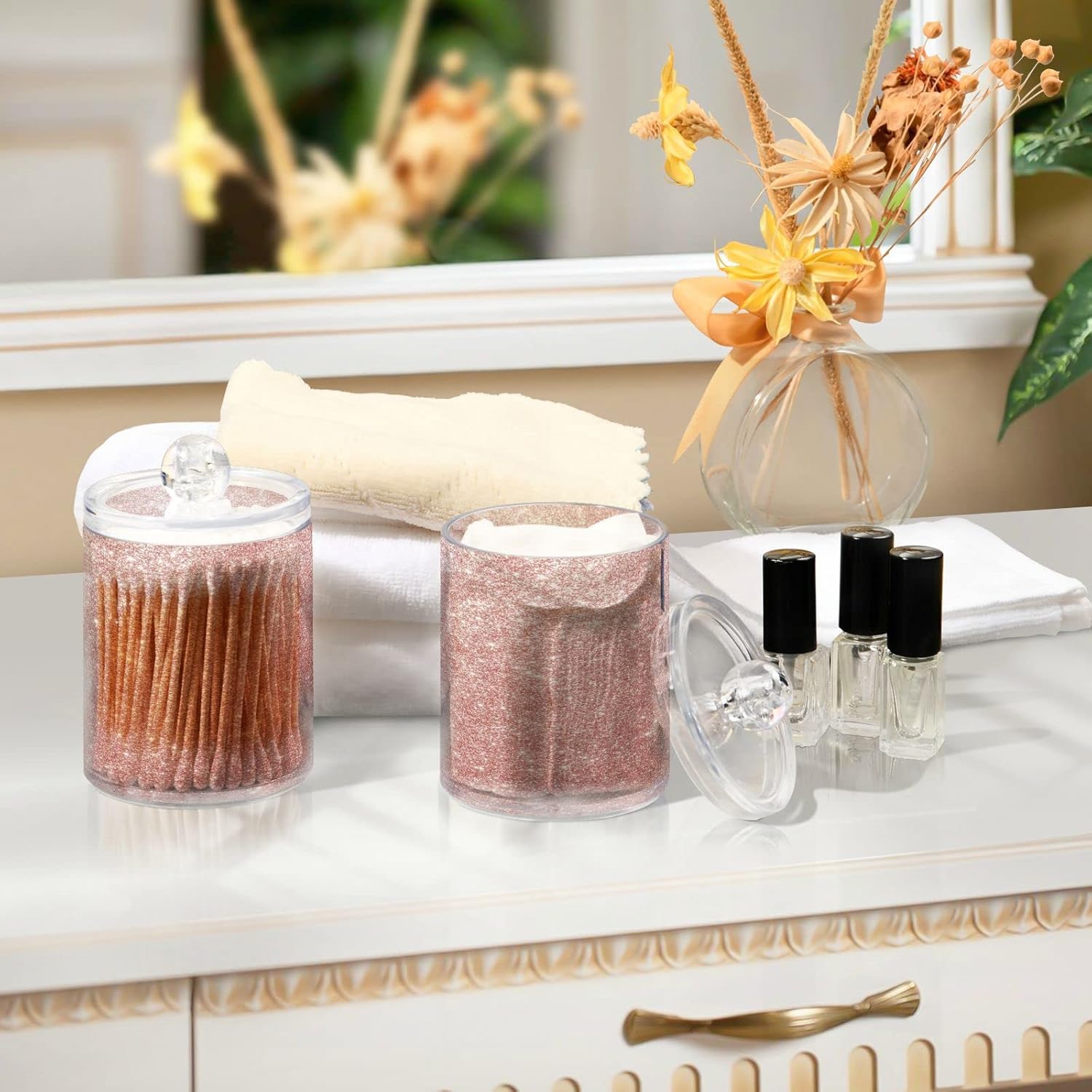 Dispensador de soporte Qtip de oro rosa brillante con tapas, 2 unidades, juego organizador de almacenamiento de baño de 14 onzas, tarros de
