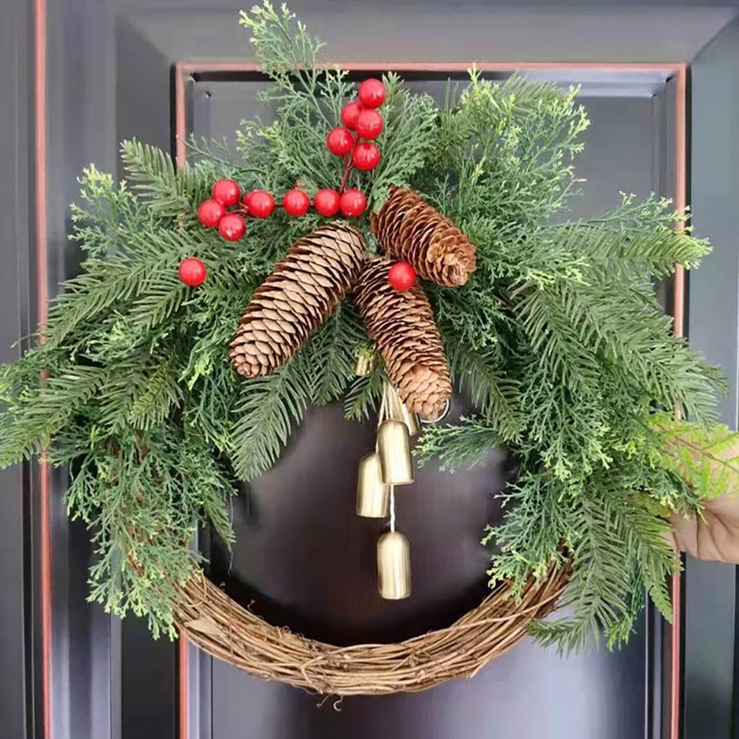 Corona de Navidad de granja, corona de campana dorada artificial, anillo de pino hecho a mano, corona de vid, decoración de Navidad, corona de ratán