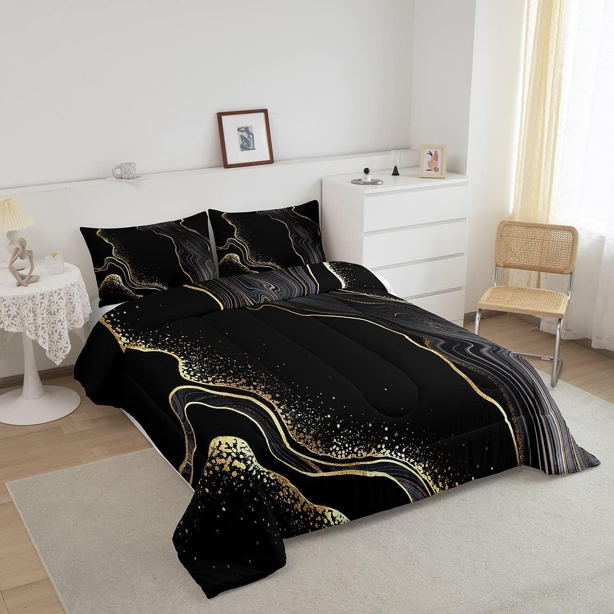 Erosebridal Juego de edredón de mármol negro y dorado, tamaño Queen, juego de ropa de cama de mármol con purpurina, líneas doradas y blancas,