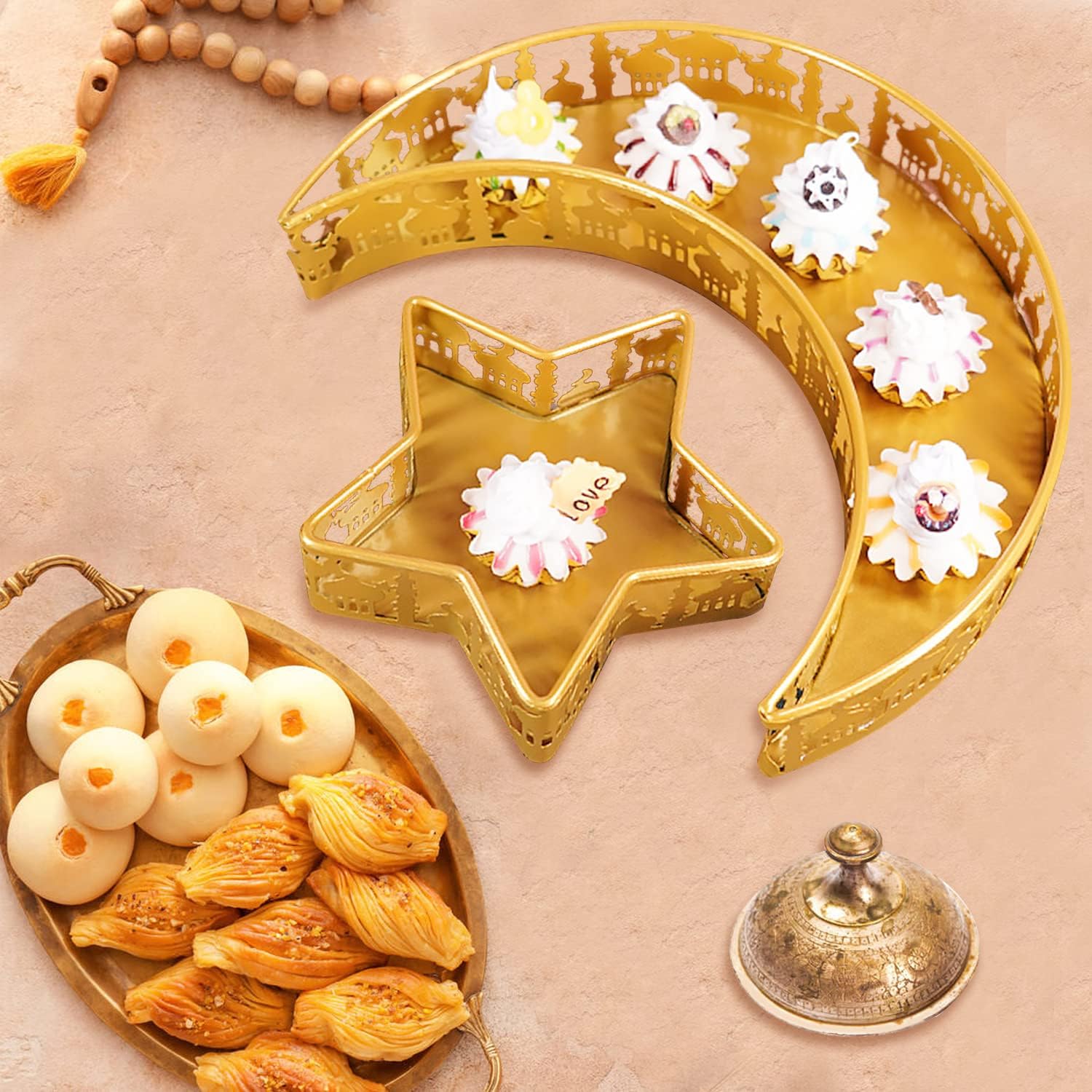 Bandeja de Ramadán Eid Mubarak Moon Star Bandeja, Islam Muslim Al-Fitr Iftar Bandeja de servir comida para fiesta, platos de metal Ramadán,
