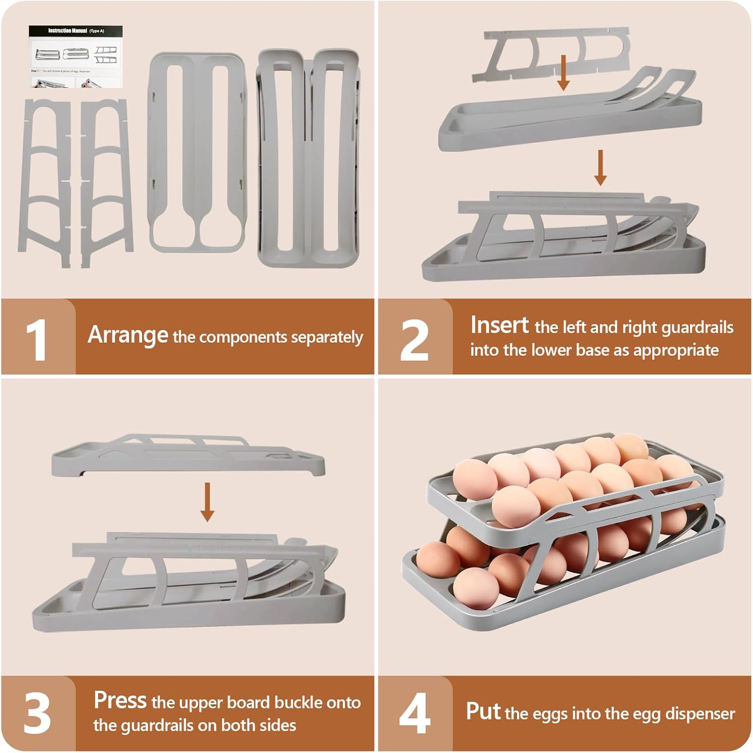 Soporte para huevos para refrigerador, dispensador de huevos de doble fila para refrigerador, organizador automático de rodillos de huevos, bandeja
