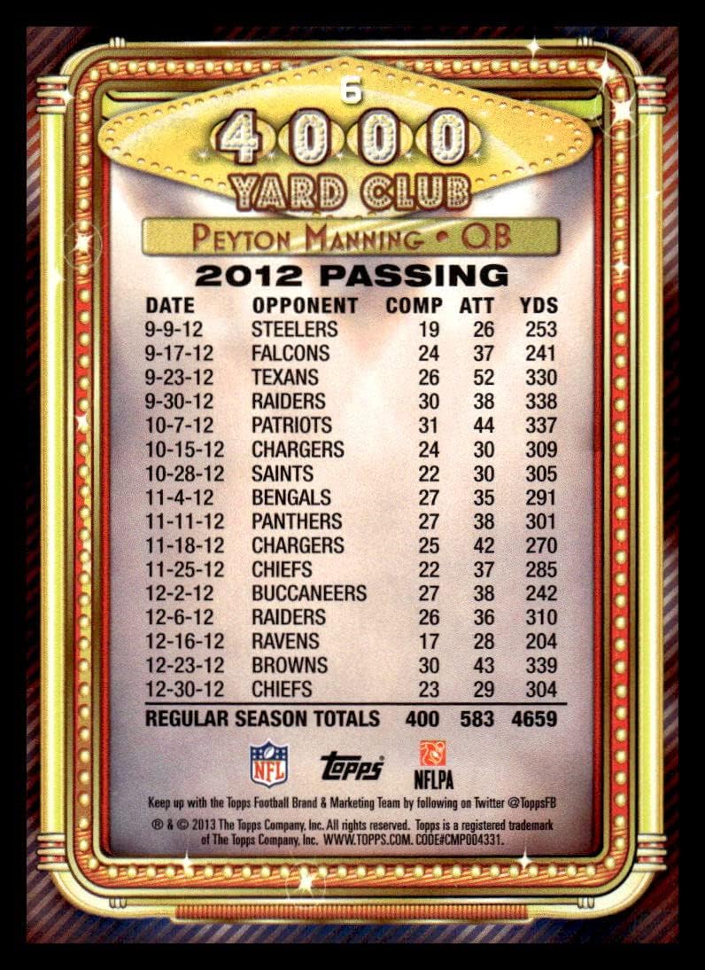 2013 Topps 4000 Yard Club #6 Peyton Manning NM-MT Denver Broncos Football Trading Card