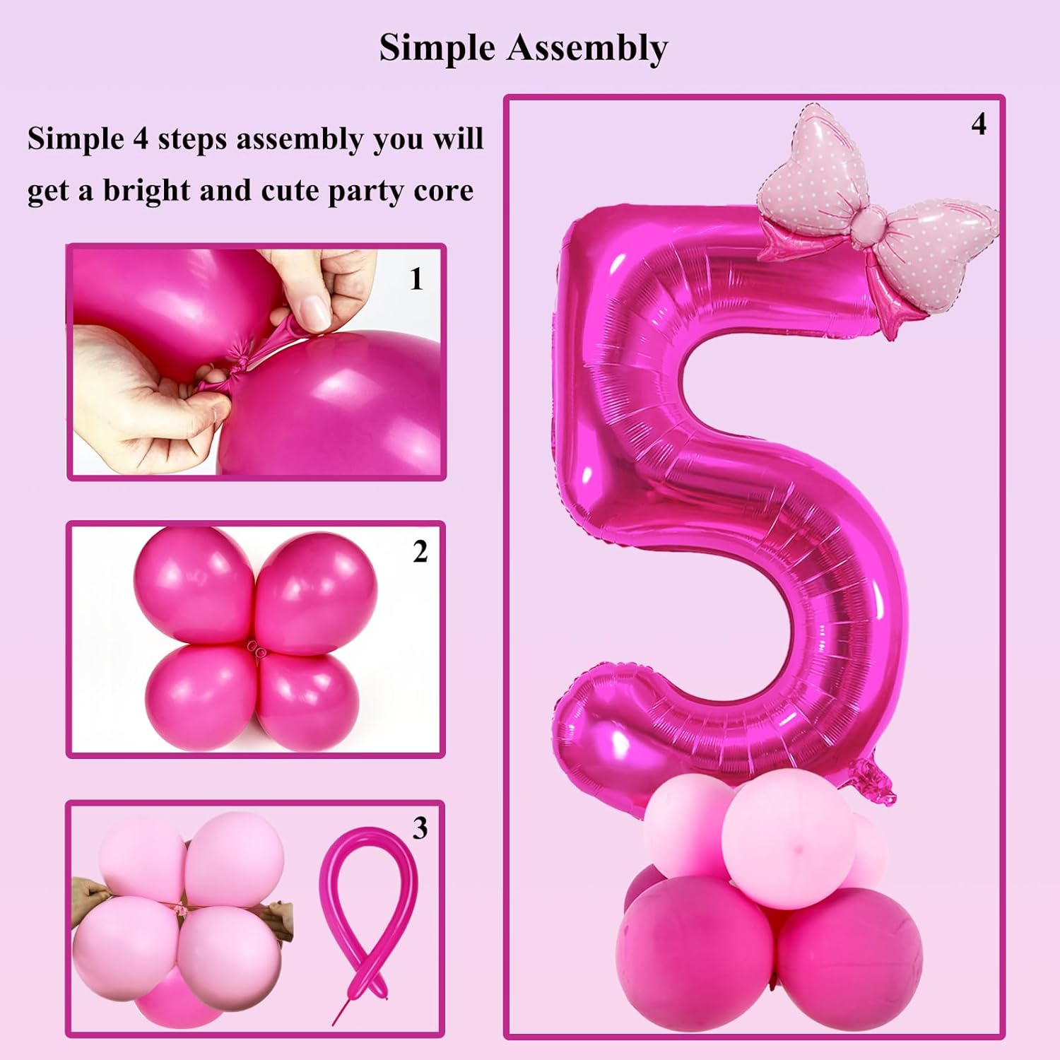 Juego de 20 globos de Mylar de color rosa intenso para decoración de cumpleaños de niña de 5 años