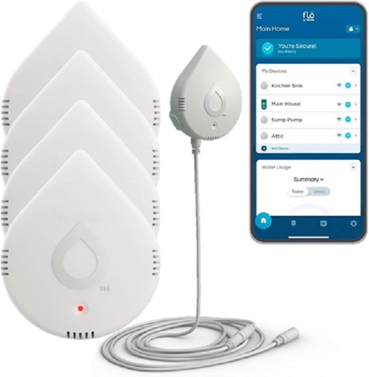 Moen Flo Smart Detector de fugas de agua, blanco, paquete de 4 unidades 920-005 + paquete de 2 cables de detección de fugas de 6 pies