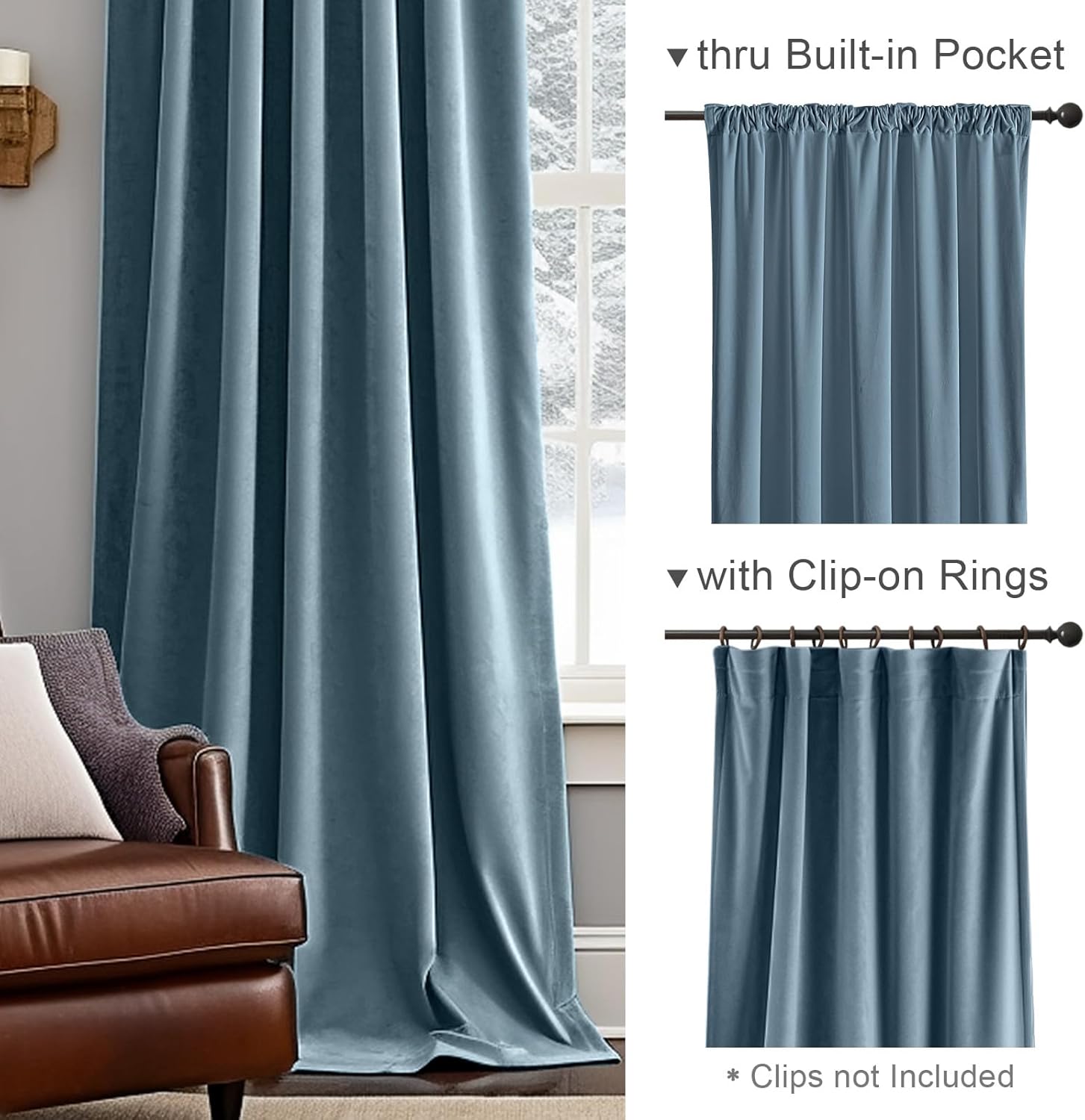 Lazzzy Cortina opaca de terciopelo azul con aislamiento térmico para dormitorio, sala de estar, oscurecimiento de privacidad, cortinas de terciopelo