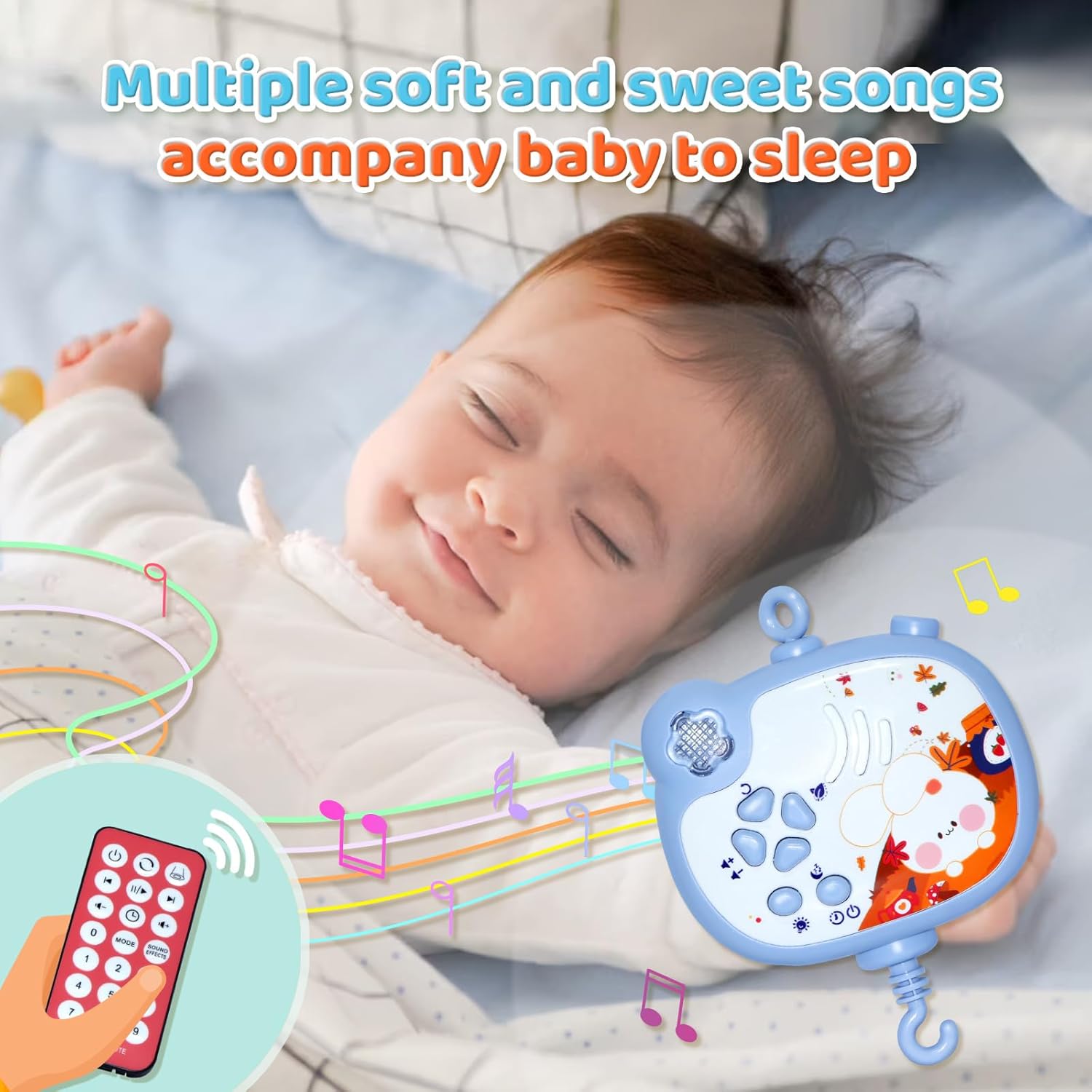 JAWOJOWA Móvil para cuna de bebé con música y luces nocturnas, móvil para cuna con rotación, control remoto, proyección, juguetes de cuna para