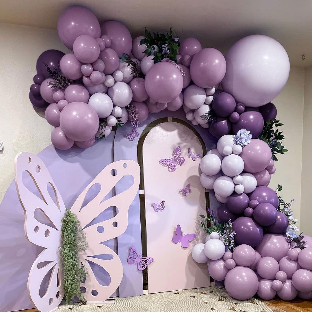 Guirnalda de globos morados, lavanda, globos de doble relleno, color lila pastel, kit de arco de globos de látex metálico morado oscuro, juego de
