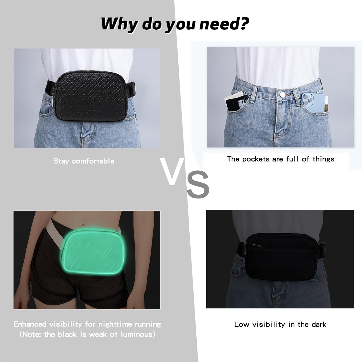 Eslcorri Riñonera para mujeres y hombres  Riñonera cruzada moderna que brilla en la oscuridad, mini bolsa luminosa y fresca para la cintura