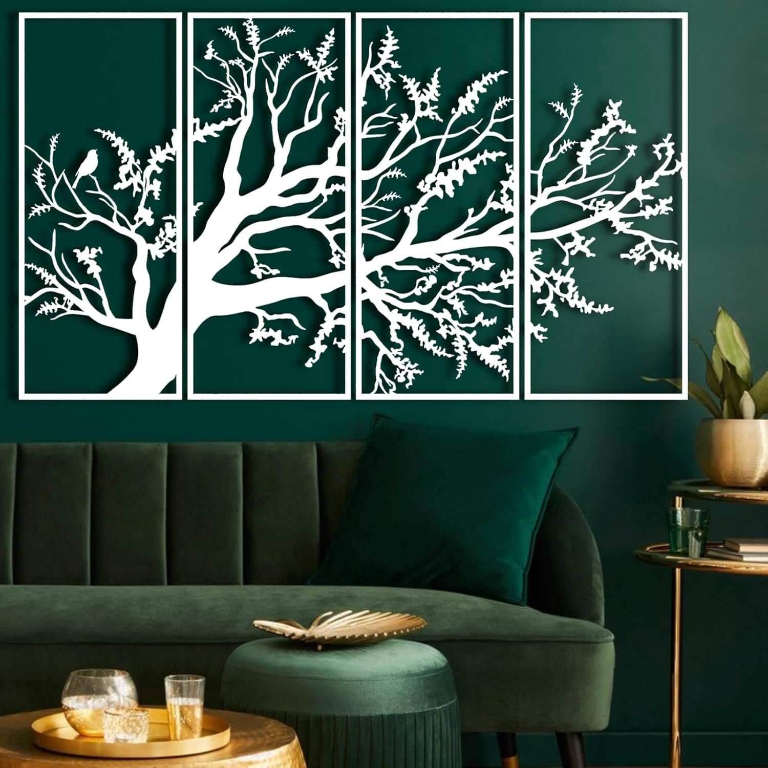 Arte de pared con árbol de la vida, juego de 4 piezas de arte de pared de árbol de metal, letrero de árbol, arte de pared de metal del árbol de la