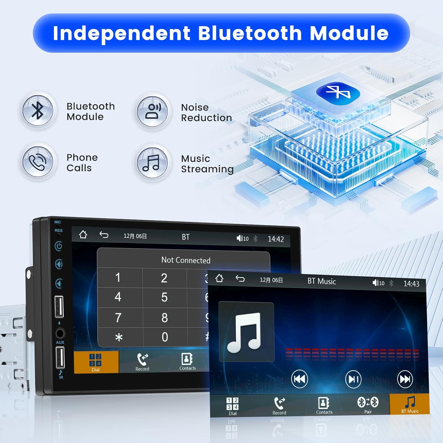 Roinvou Radio de pantalla táctil DIN individual con Carplay con cable y Android Auto, pantalla táctil HD de 7 pulgadas estéreo para automóvil con
