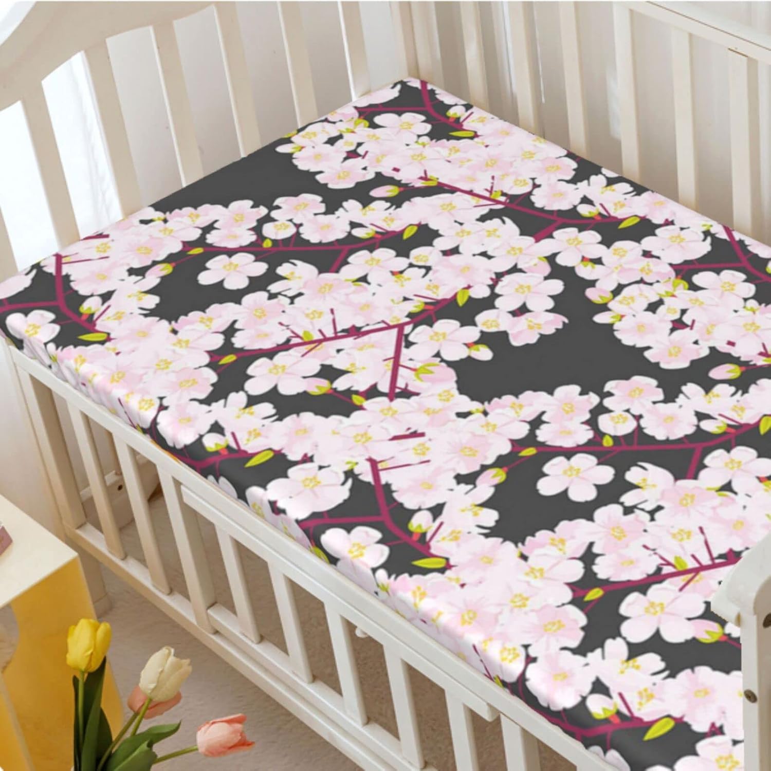 Sábana bajera ajustable para cuna con temática de flor de cerezo, material ultrasuave, ideal para habitación de niños o niñas o guardería, gris rosa