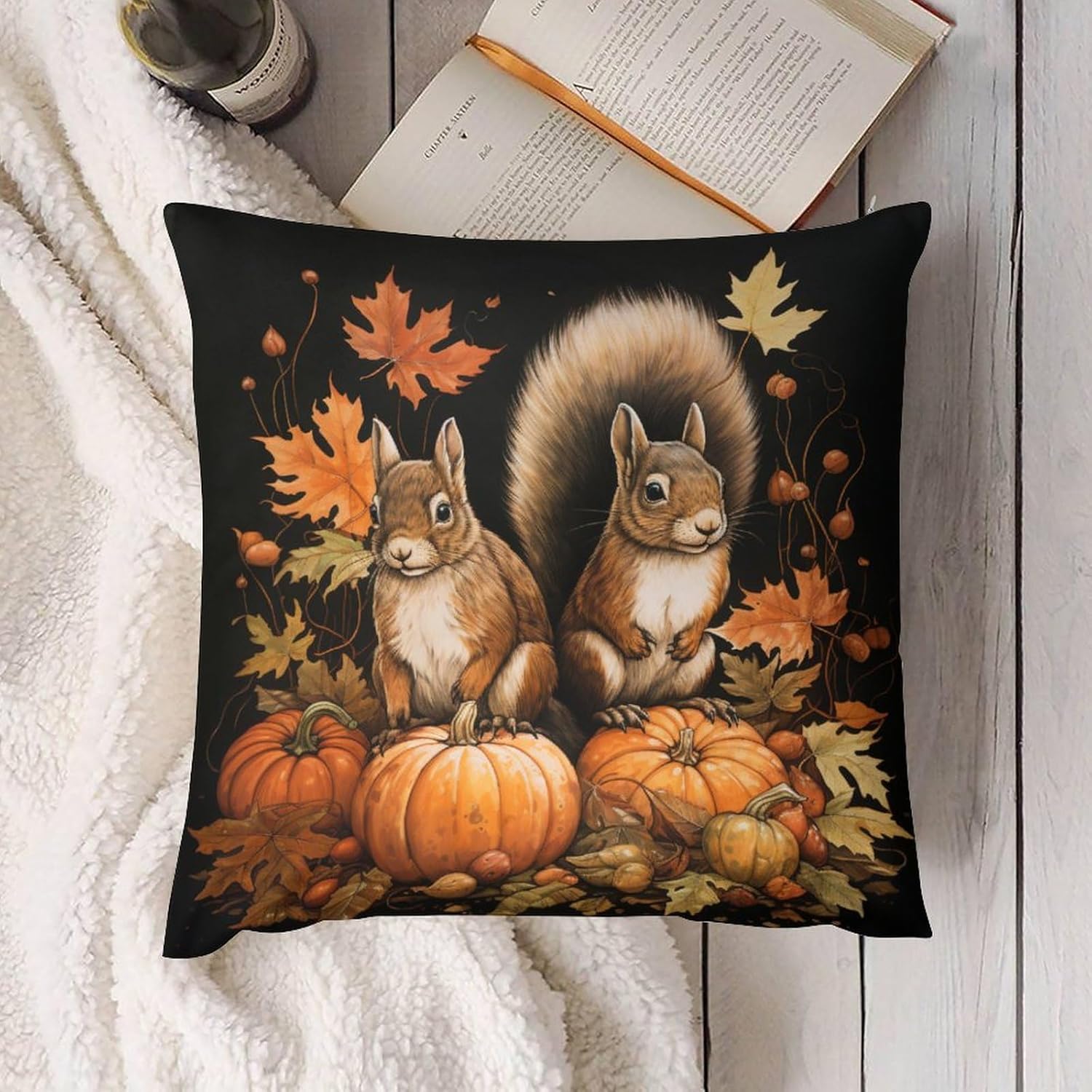 Fundas de almohada de calabaza de ardilla, hojas de arce, cojines decorativos para sala de otoño, Acción de Gracias, calabaza, terciopelo, suave,