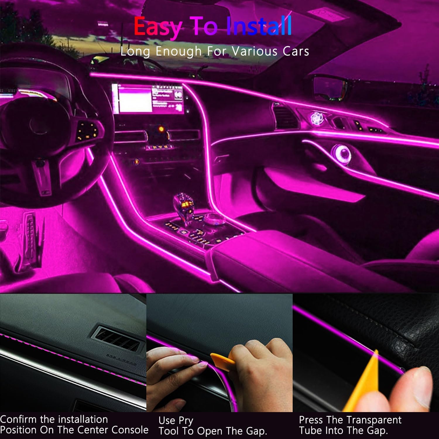 Nueva actualizaciónTira de luces LED para interior de automóvil, aplicación de luz LED RGB para interior de automóvil y control remoto, modo de