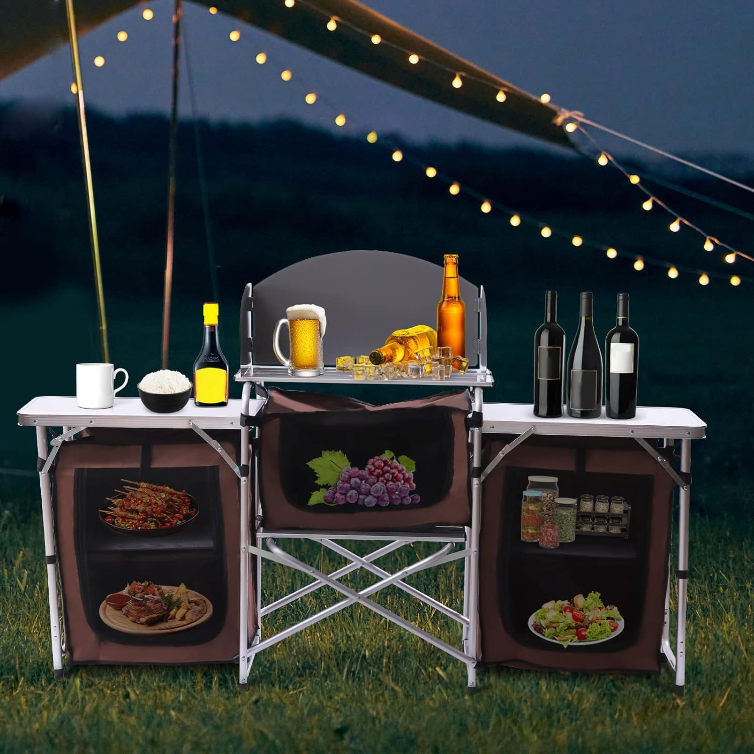 Mesa de cocina plegable para acampar con almacenamiento y 2 mesas laterales, parabrisas desmontable, estación de cocina portátil para campamento al