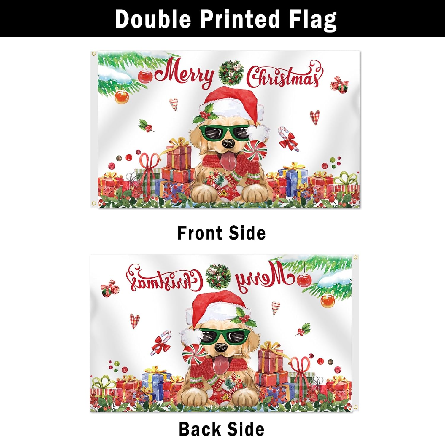 Bandera de perro Golden Retriever de Feliz Navidad, de 3 x 5 pies, de doble cara, cartel de invierno y Navidad al aire libre, bandera de Navidad con