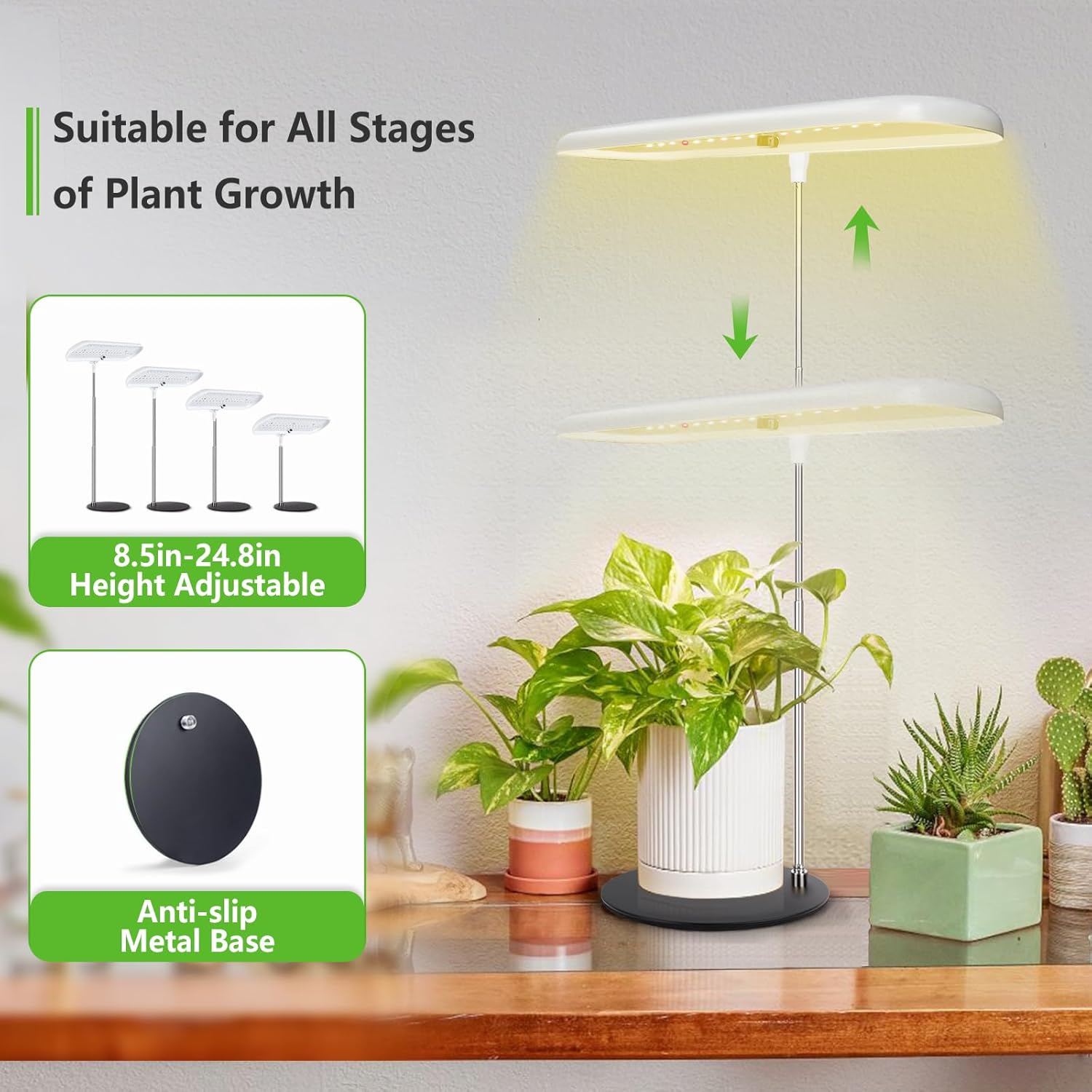 Luz de crecimiento, lámpara de cultivo de escritorio de espectro completo con base, luz LED brillante para plantas con temporizador de