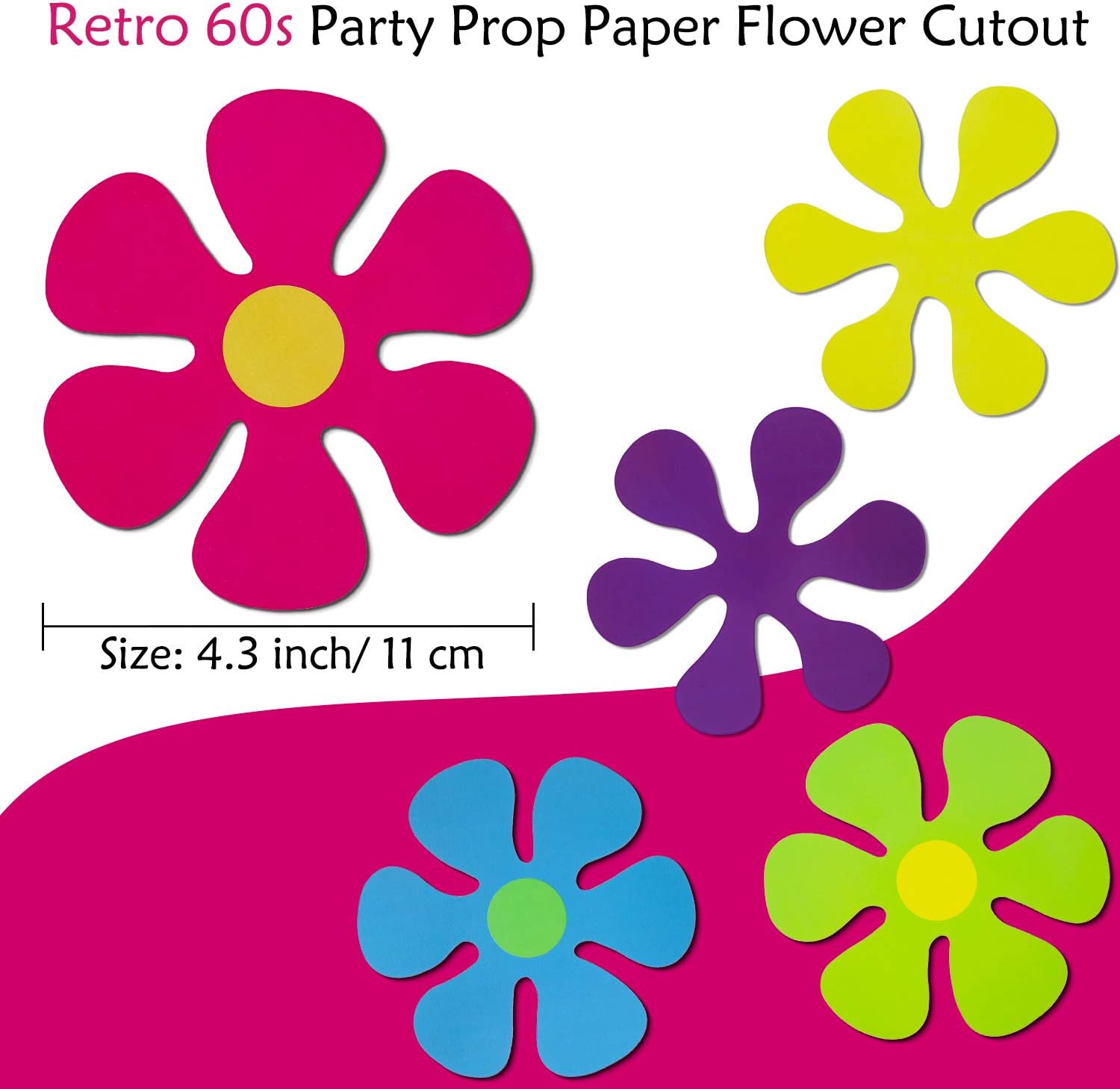 50 recortes de flores retro de los años 60 para decoración de fiestas (color brillante)