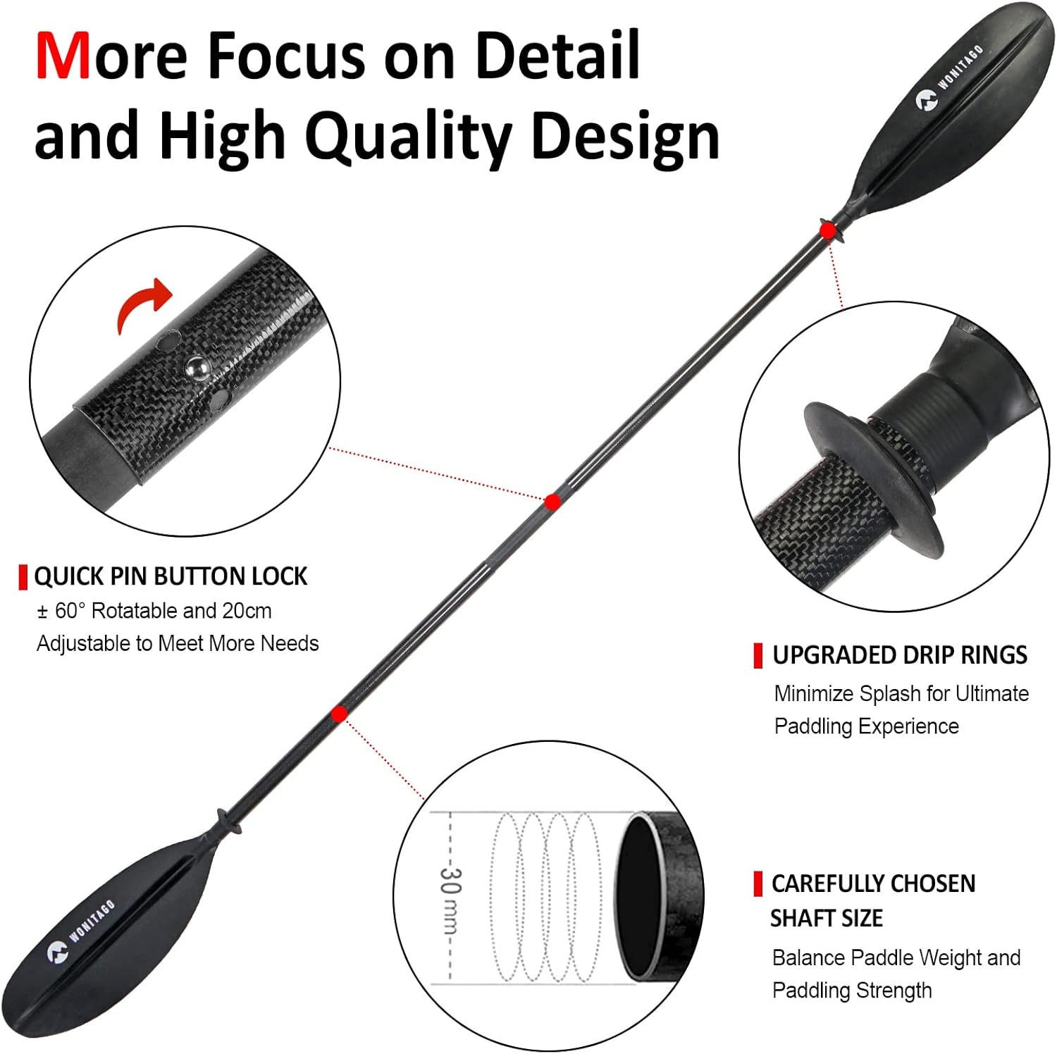 Adjustable Kayak Paddle with Carbon Shaft and PP Blade Available in 220-240cm 230cm-250cm Floating Lightweight Kayak Oars with Original Pattern