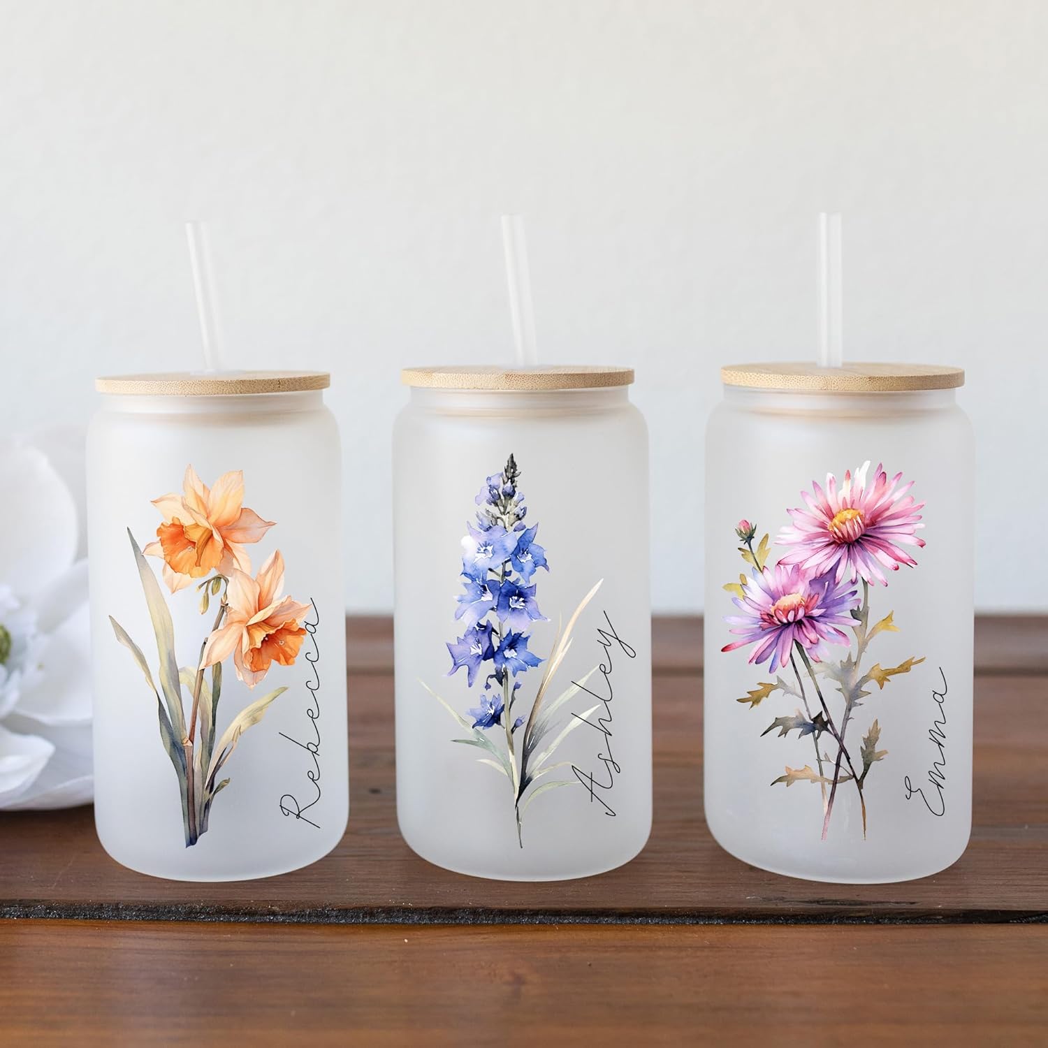 Taza de cristal personalizada con nombre de flor del mes de nacimiento, 16 onzas, regalos de cumpleaños personalizados para mujeres, profesores,