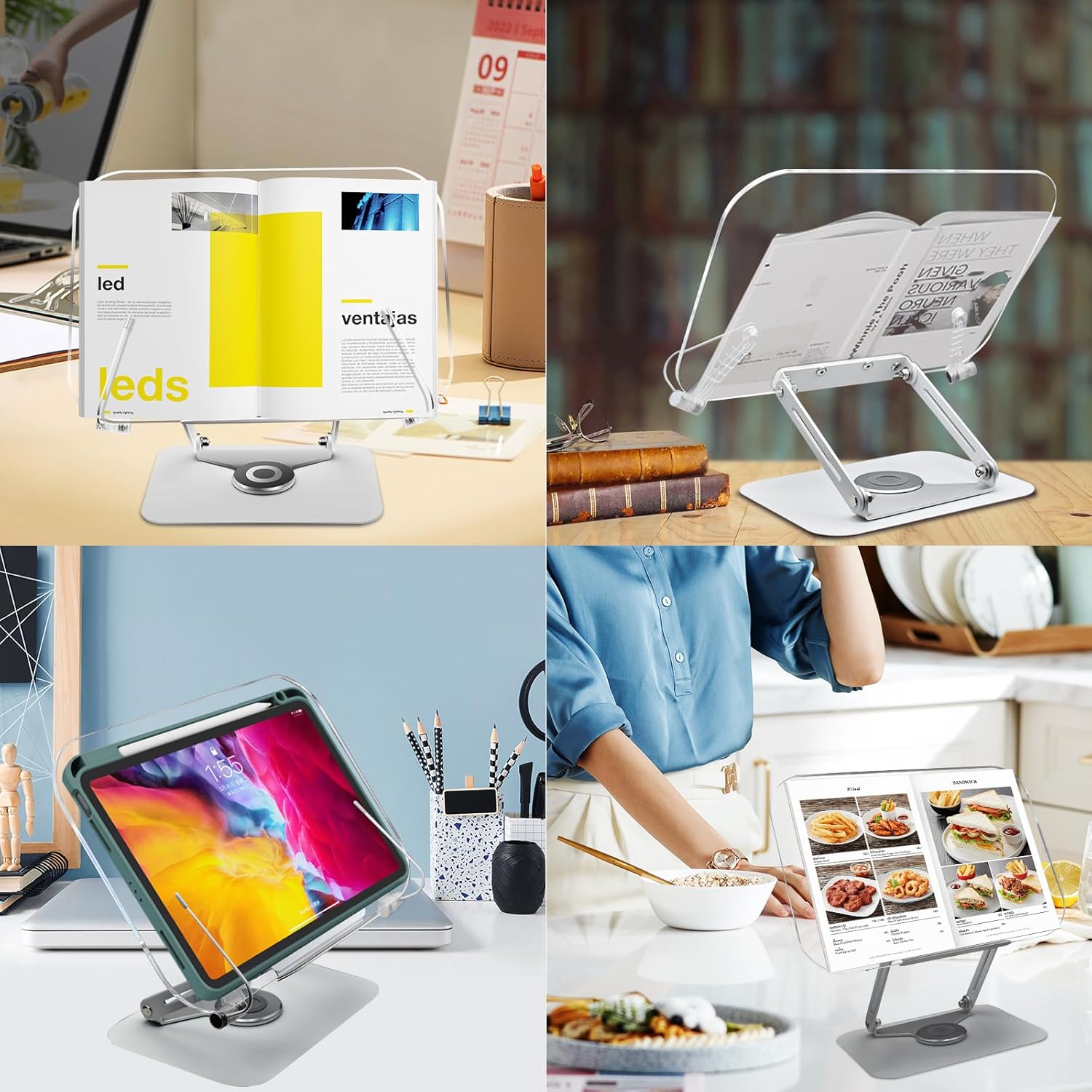 Metahoga Amasrich – Soporte de acrílico para libros de lectura, soporte ajustable con base giratoria de 360 y clips de página, plegable para mostrar
