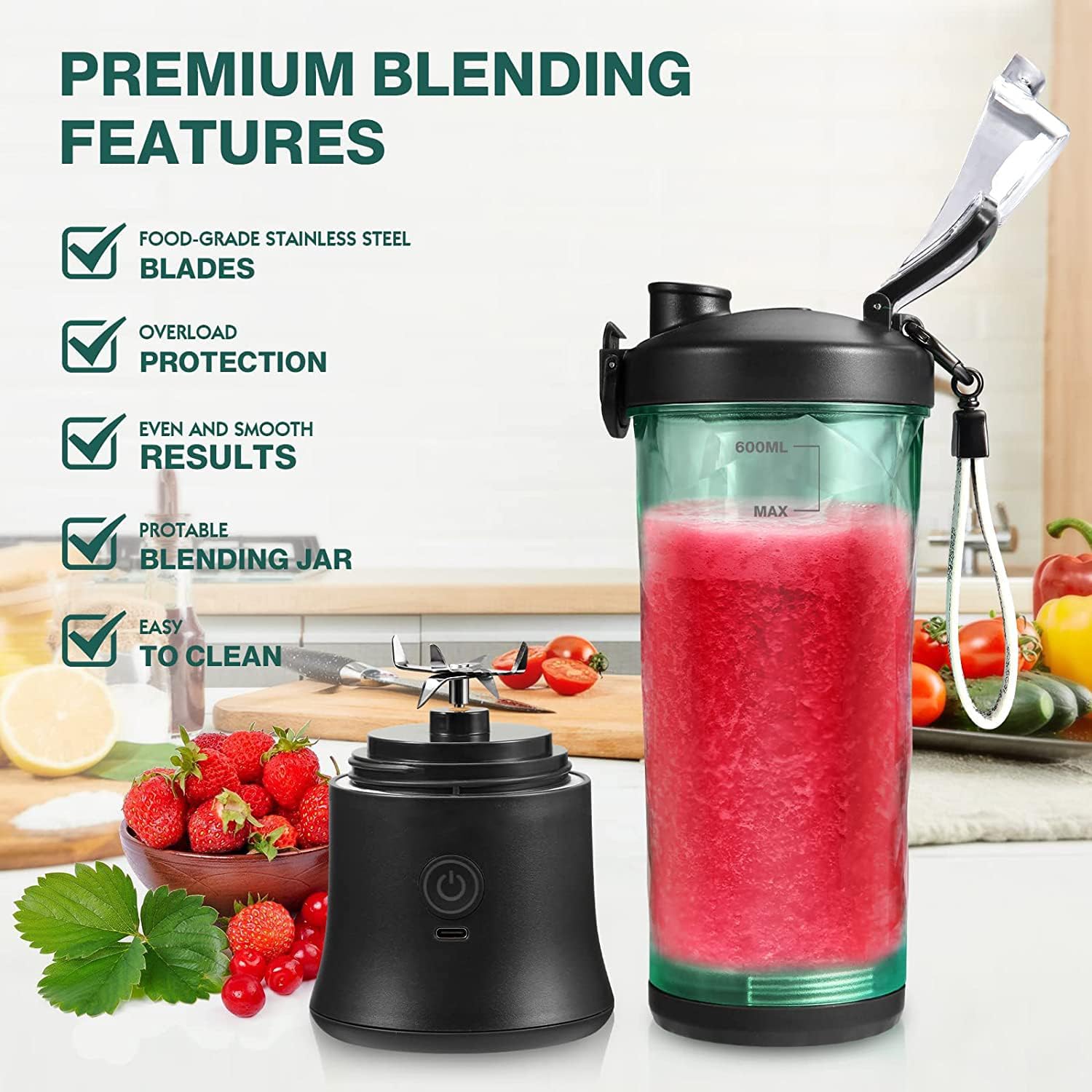 Licuadora portátil para batidos y batidos  Mini licuadora personal de 20 oz USB recargable licuadora de viaje con 6 cuchillas – verde oscuro