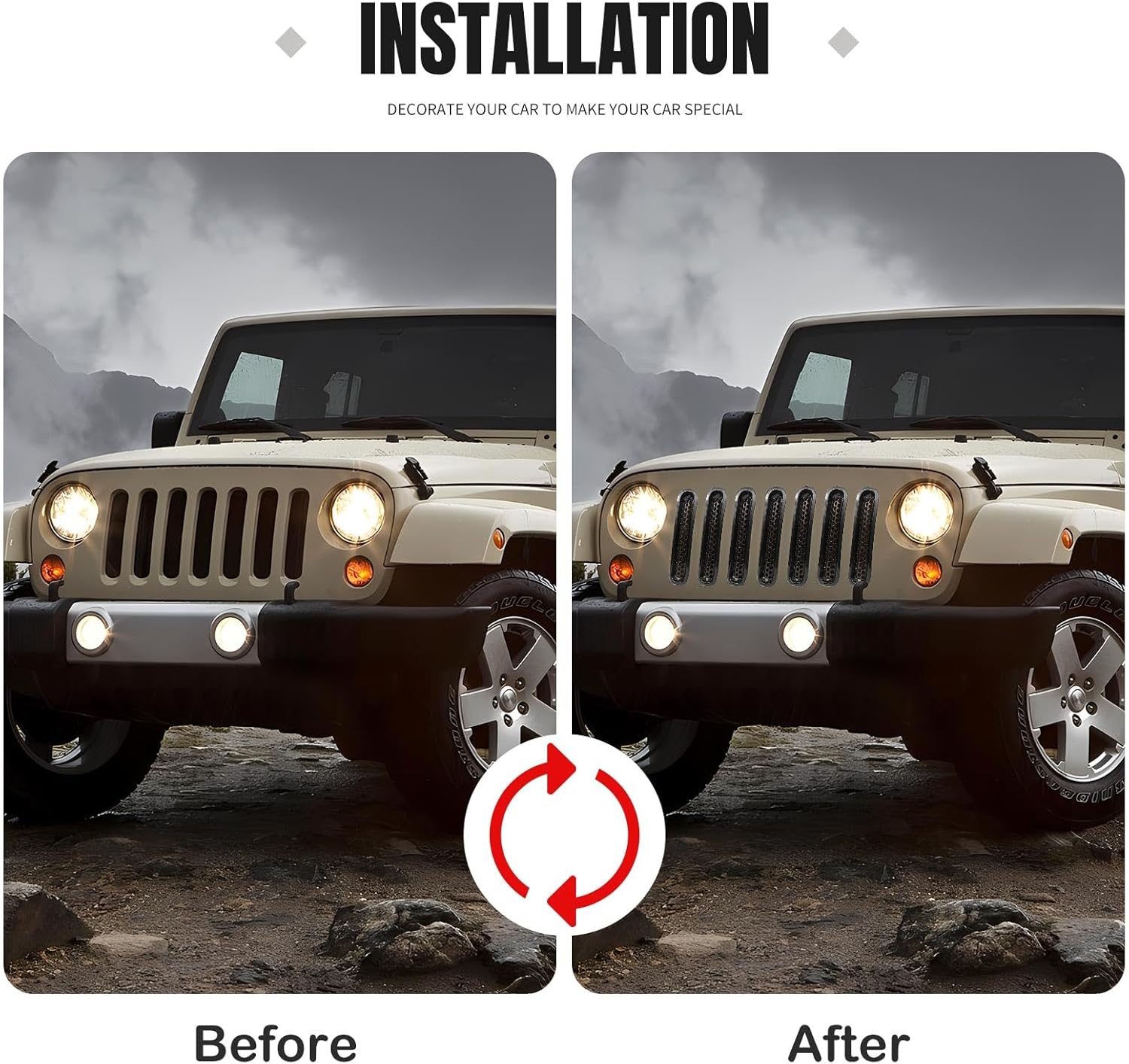 Paquete de 7 insertos de parrilla aptos para Jeep Wrangler JK, protector de rejilla frontal negro compatible con Jeep Wrangler de 2 puertas y 4