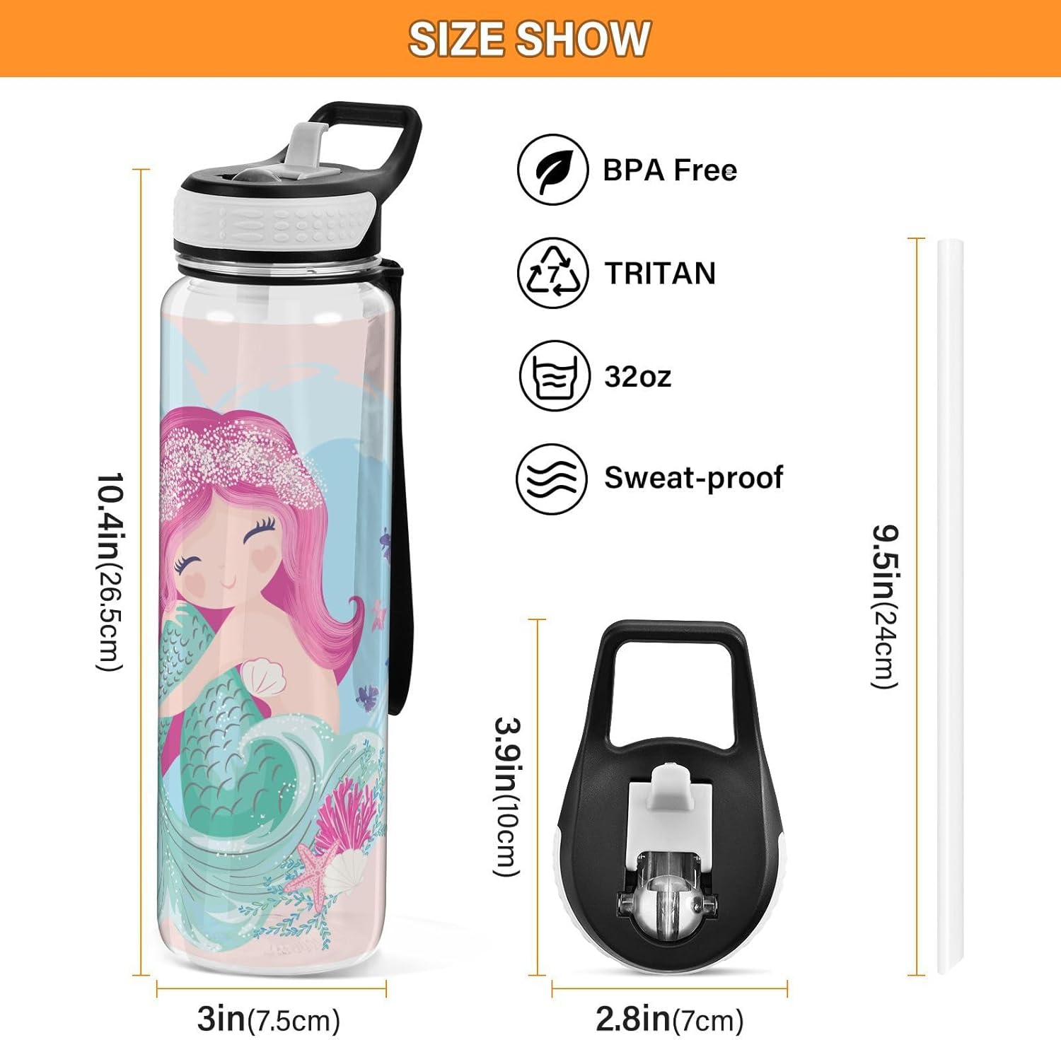 Botella de agua de sirena de dibujos animados con tapa de pajilla, 32 onzas, a prueba de fugas, transparente, para gimnasio, mujeres, hombres,