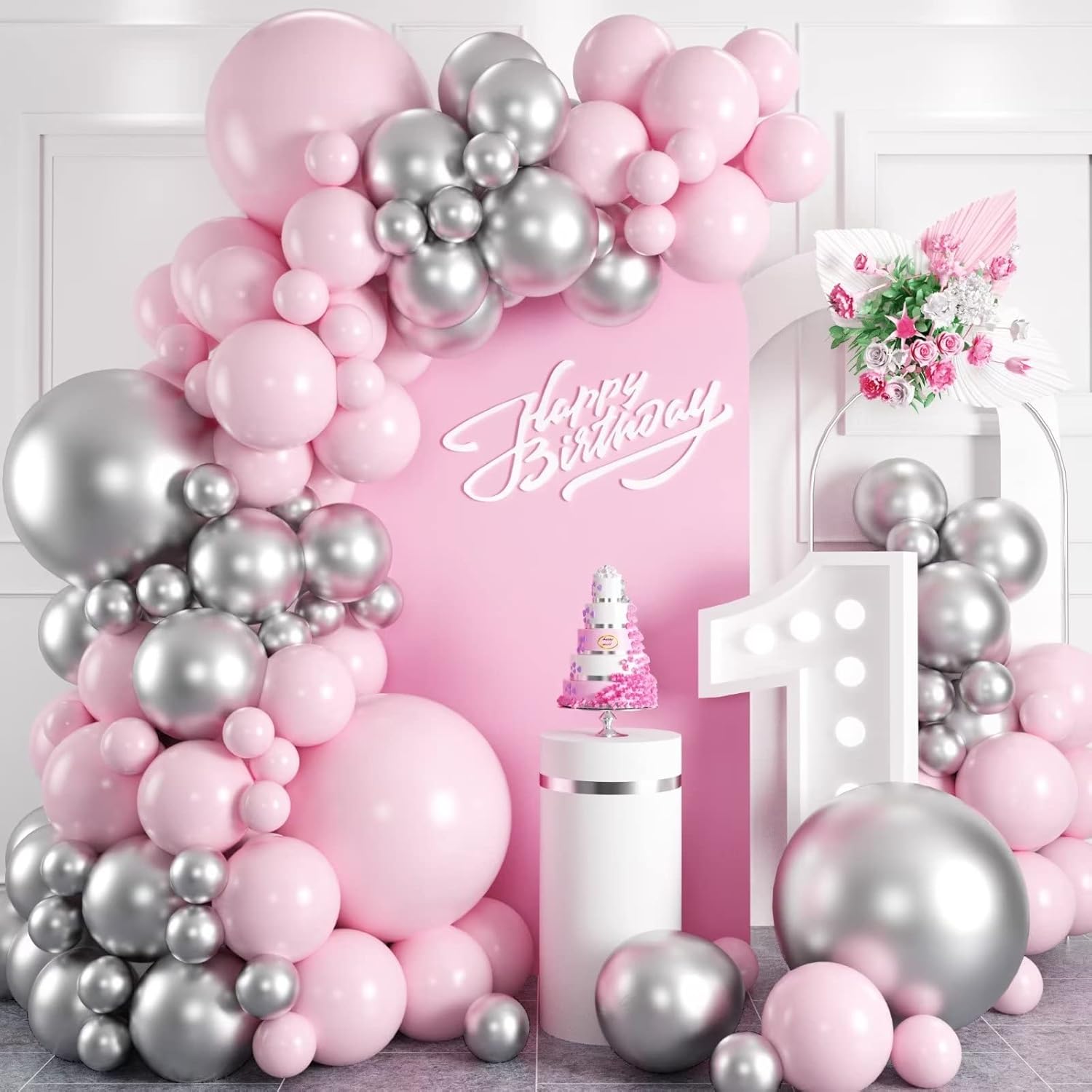 Kit de arco de globos rosa y plateado, kit de guirnalda de globos de color rosa macarrón plateado metálico, globos de látex cromados y rosa pastel,