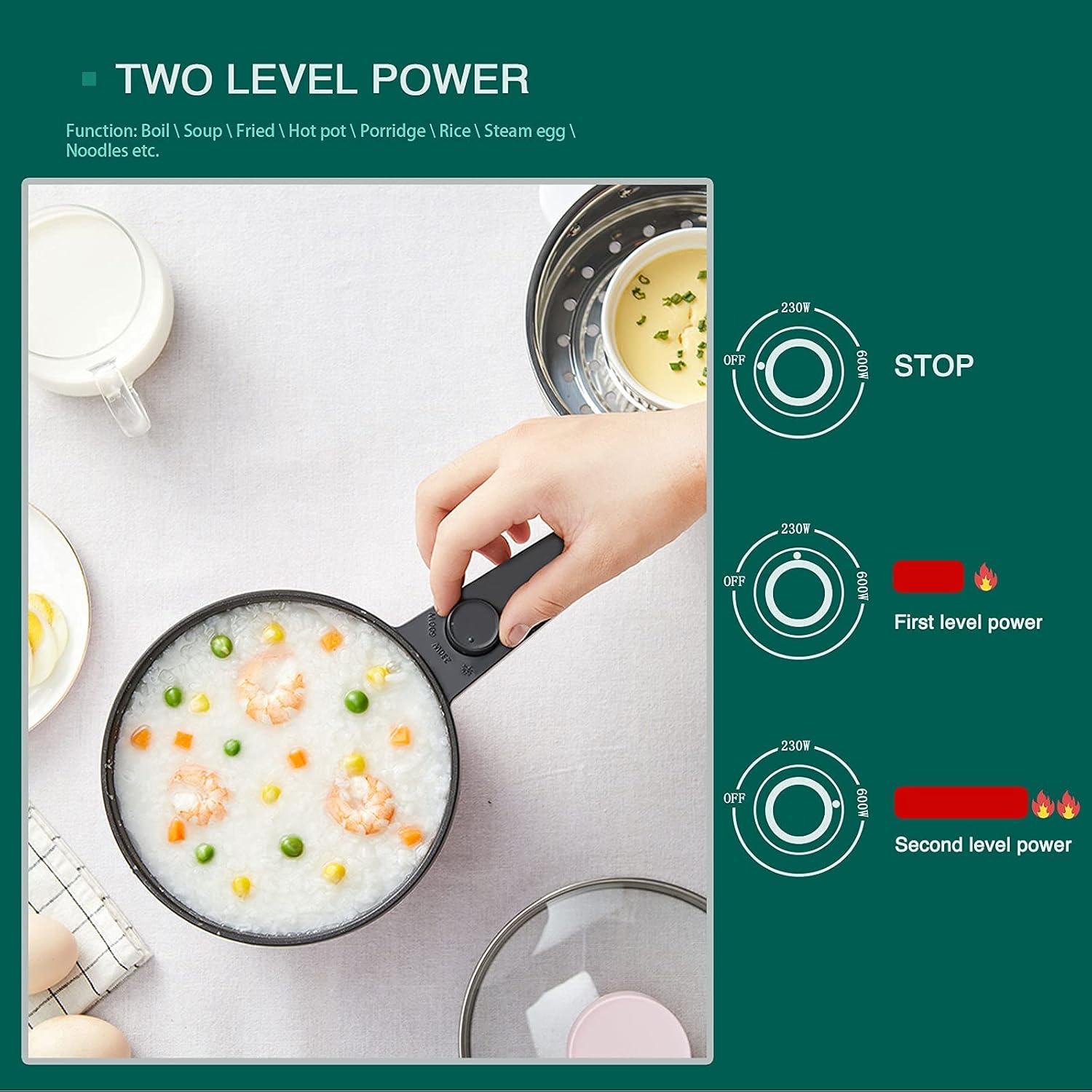 Eléctrica antiadherente 1.2L Mini olla olla multifuncional cocina con control de temperatura, verde Morandi