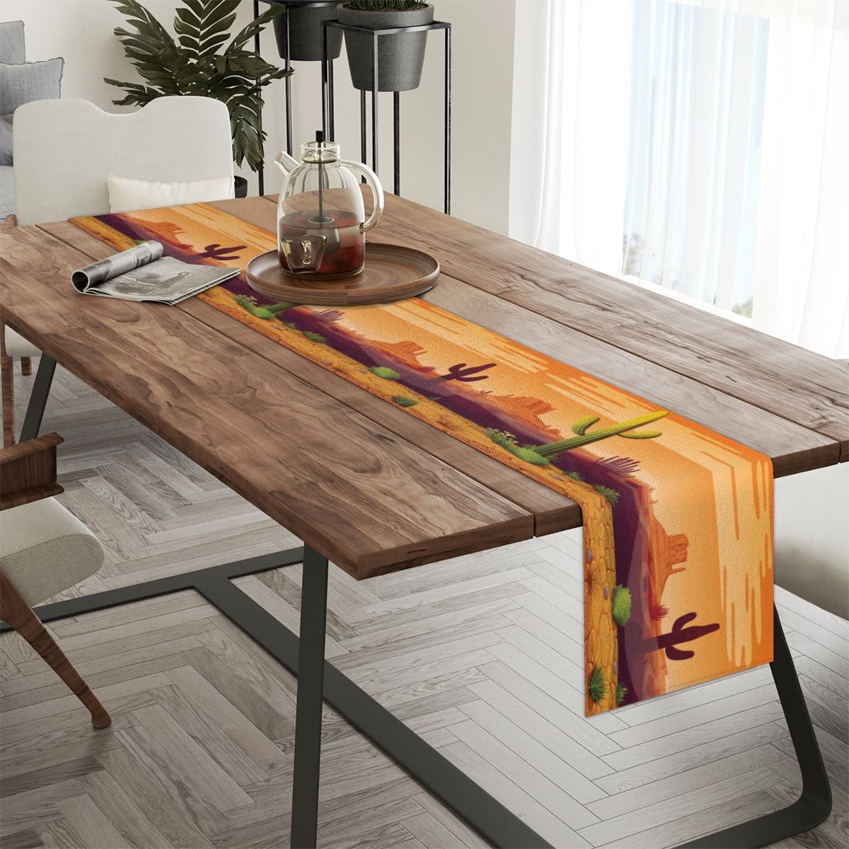 Table Runner Cartoon Cactus Desert Landscape, Rustic Linen Table Cloth, Kitchen Dining Table Decoration for Home Party Decor 13 x 48 Inches