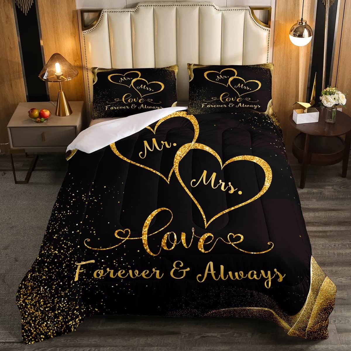 Erosebridal Juego de edredón para parejas, juego de ropa de cama tamaño Queen con lentejuelas doradas con purpurina dorada, edredón acolchado con