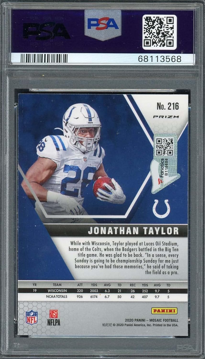 Jonathan Taylor 2020 Panini Mosaic Silver Prizm Rookie Card #216 Auto PSA 10