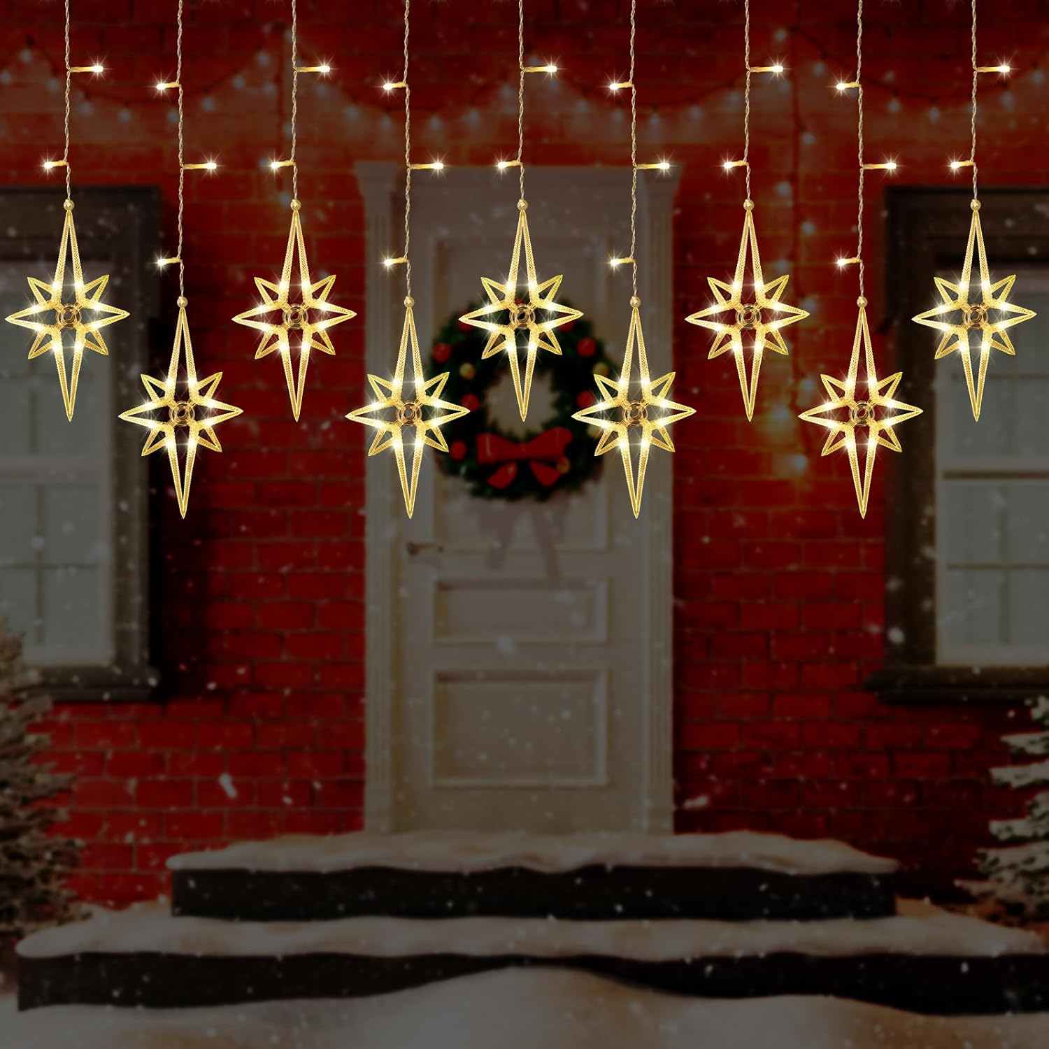 VIHOSE Guirnalda de luces de cortina de estrellas de Navidad, 138 LED, 16 luces Polaris para ventana, enchufables con 8 modos de luces colgantes