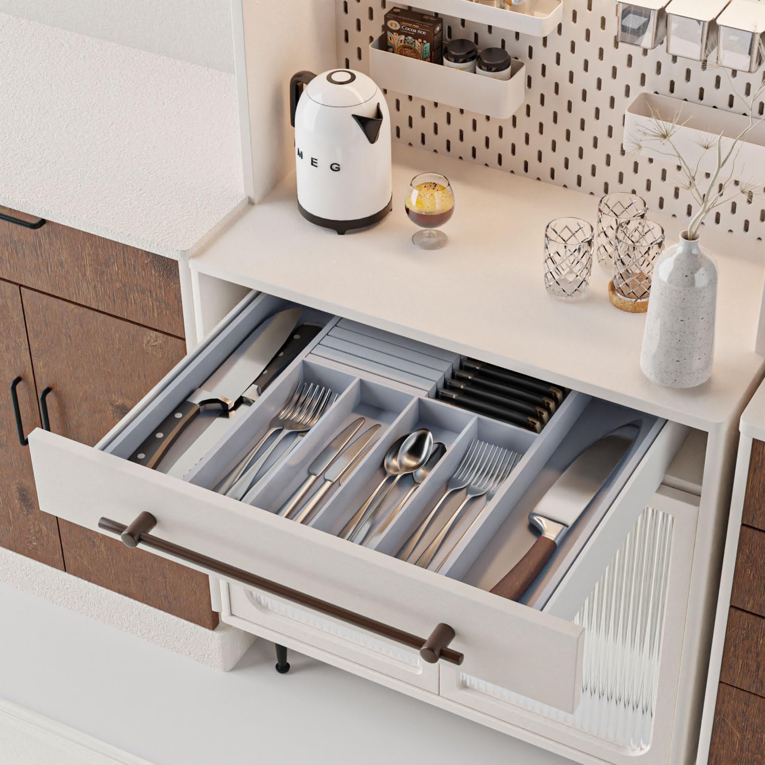 Organizador grande de cajones de utensilios con divisor  Soporte extraíble para cuchillos de cocina, organizador de cubiertos ajustable de bambú