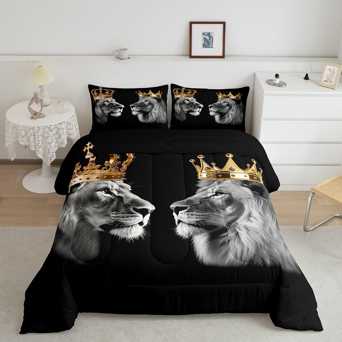 Juego de edredón de animales de león salvaje, tamaño King, edredón dorado de corona King y Queen para decoración de dormitorio, juego de edredón de