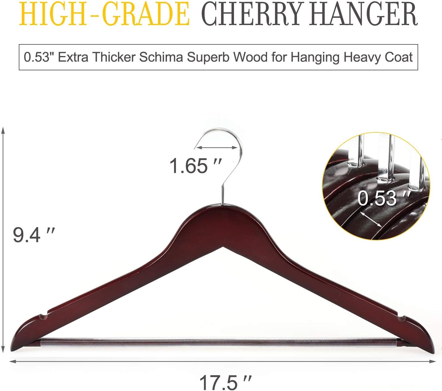 TOPIA HANGER Perchas de madera, perchas de lujo para armario, perchas de madera de cerezo con gancho extra grueso y barra antideslizante para